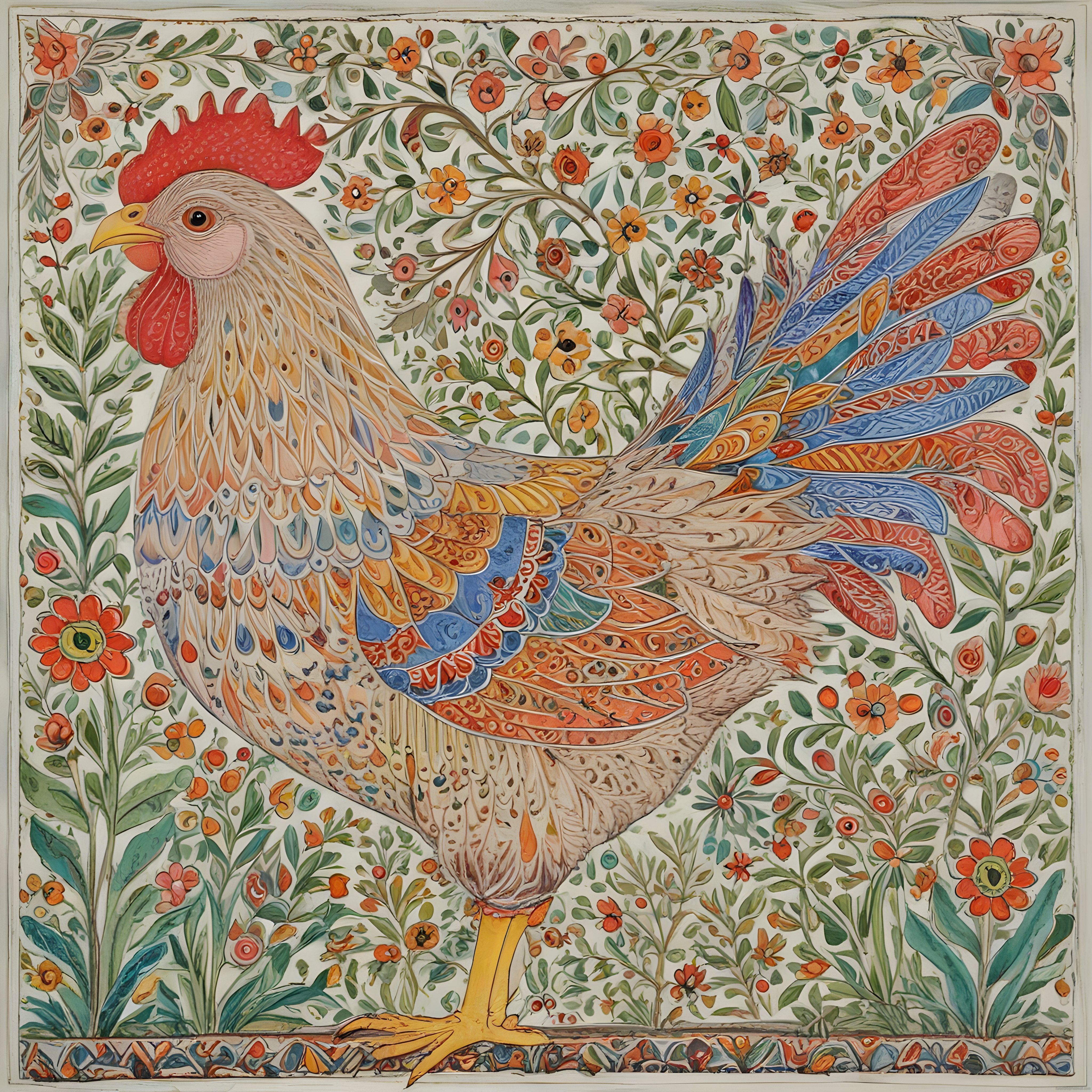 Çiçek Desenleriyle Çevrili Renkli Horoz Figürlü Geleneksel Sanat Eseri