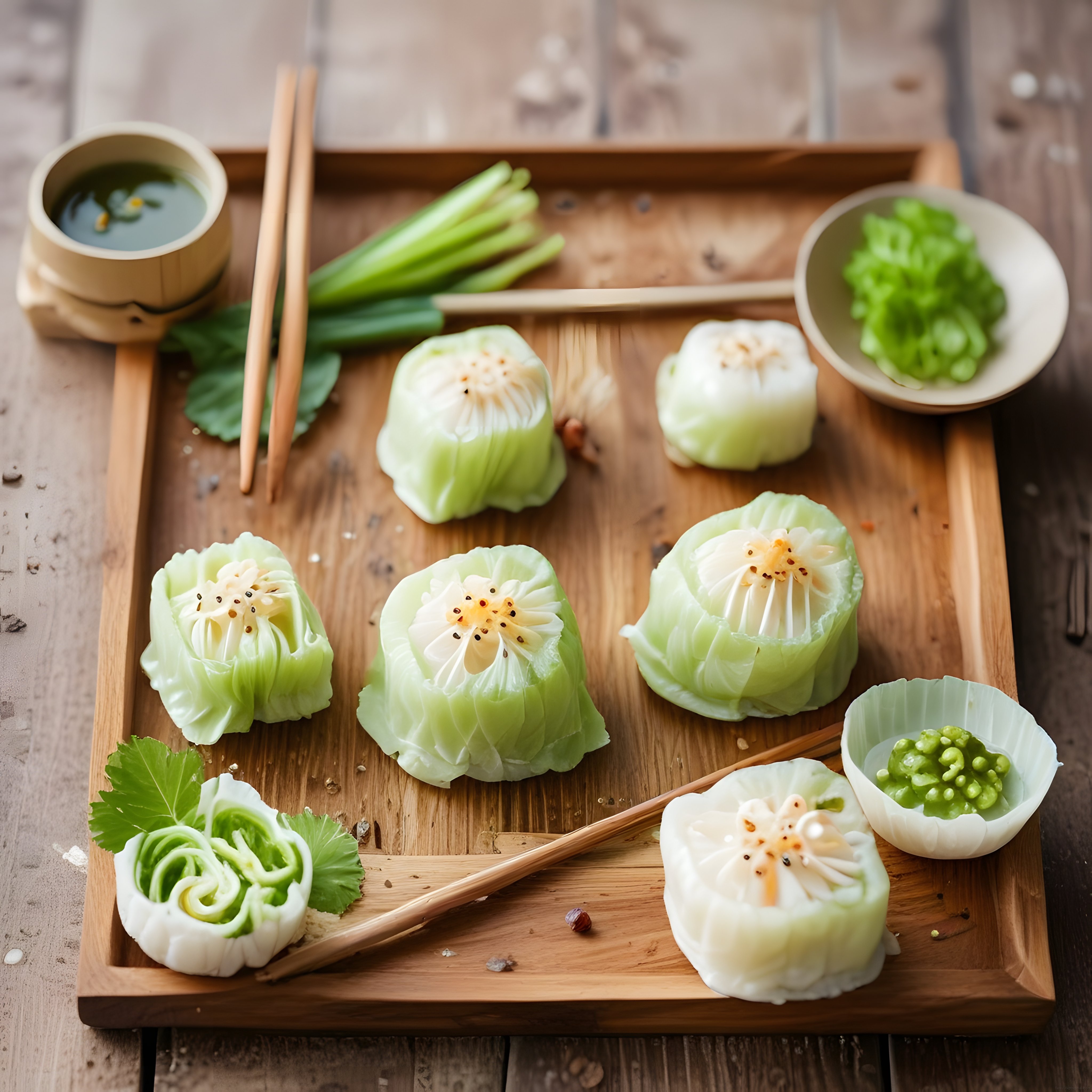 Çiçek Şeklinde Buharda Pişmiş Dim Sum ve Bambu Sunum Tahtası