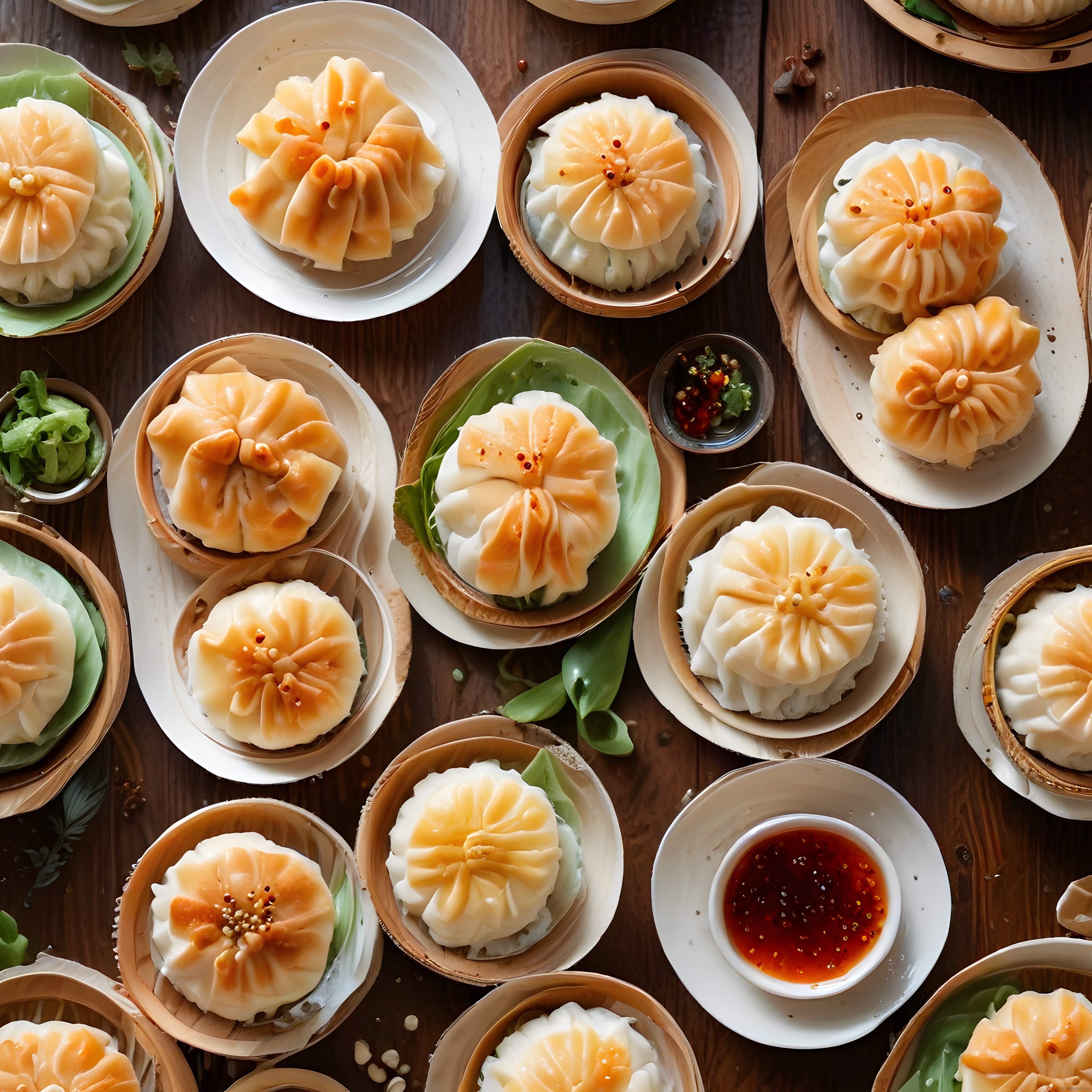 çiçek şeklinde kızarmış dim sum mantıları bambu sepetlerde asya lezzeti