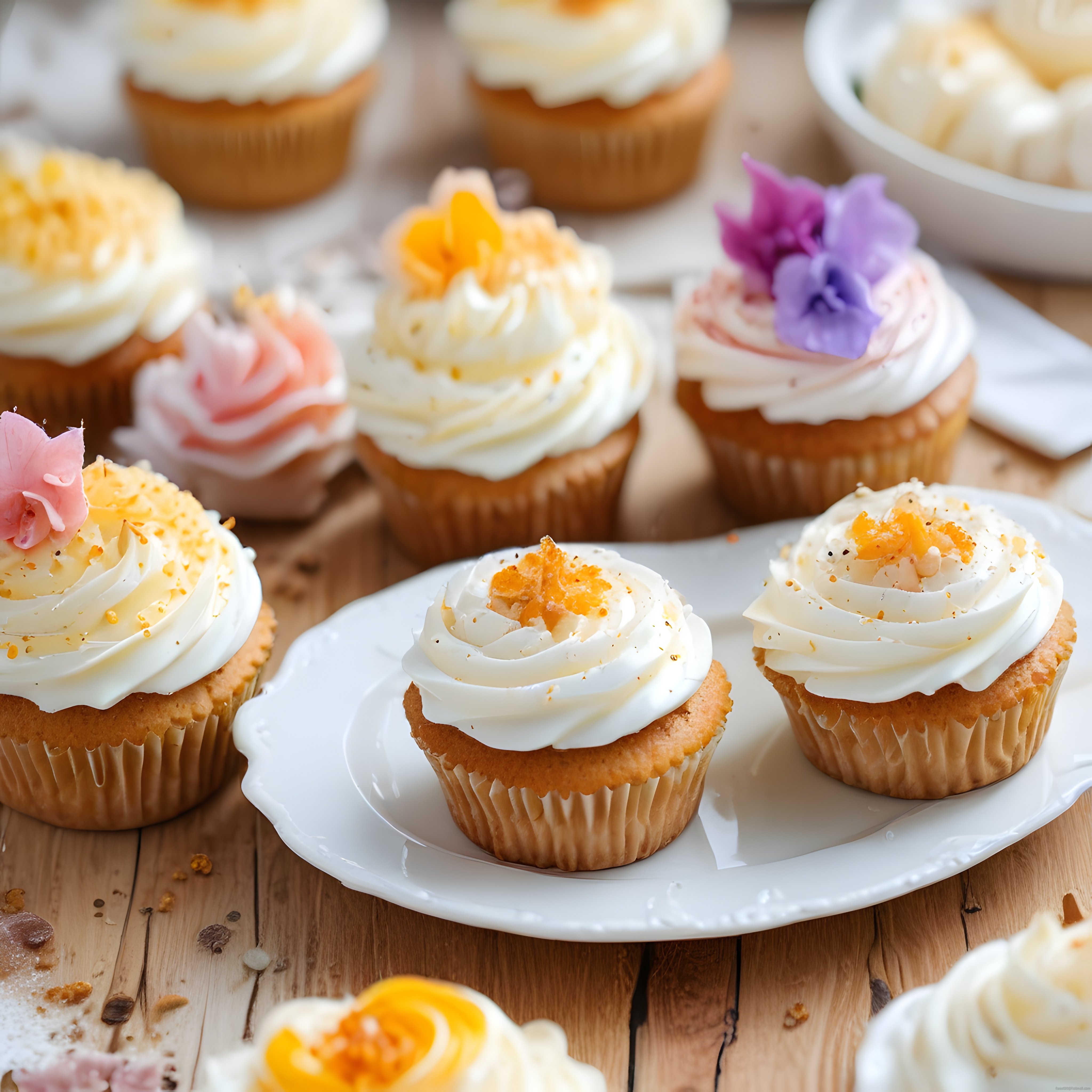 Çiçek Süslemeli Kremalı Cupcake'ler: Ahşap Masada Rustik Tatlı Sunumu