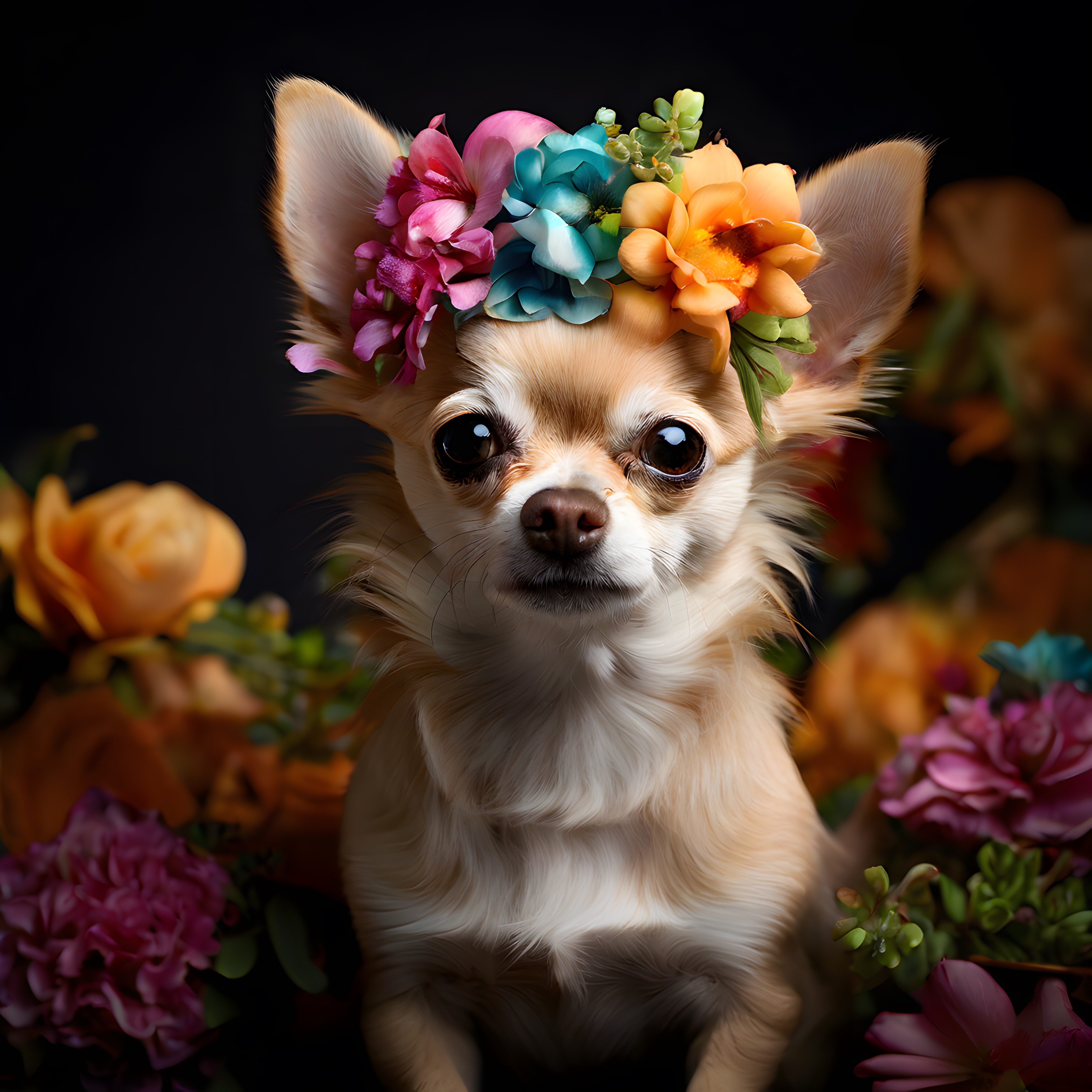 Çiçek taçlı Chihuahua: Sevimli köpek portresi ve rengarenk bahar çiçekleri