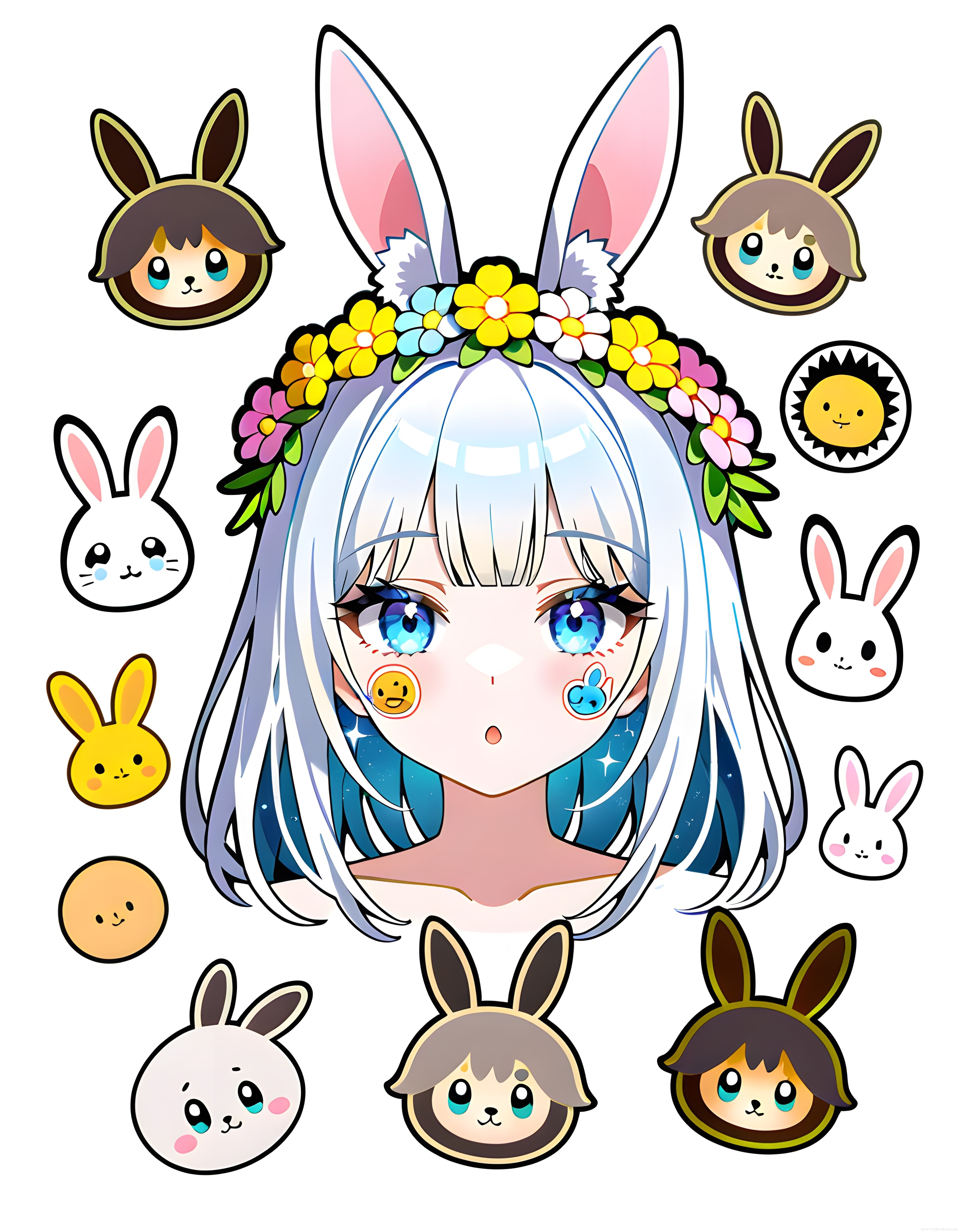 Çiçek Taçlı Tavşan Kulaklı Anime Kız ve Neşeli Sticker Figürleri Koleksiyonu