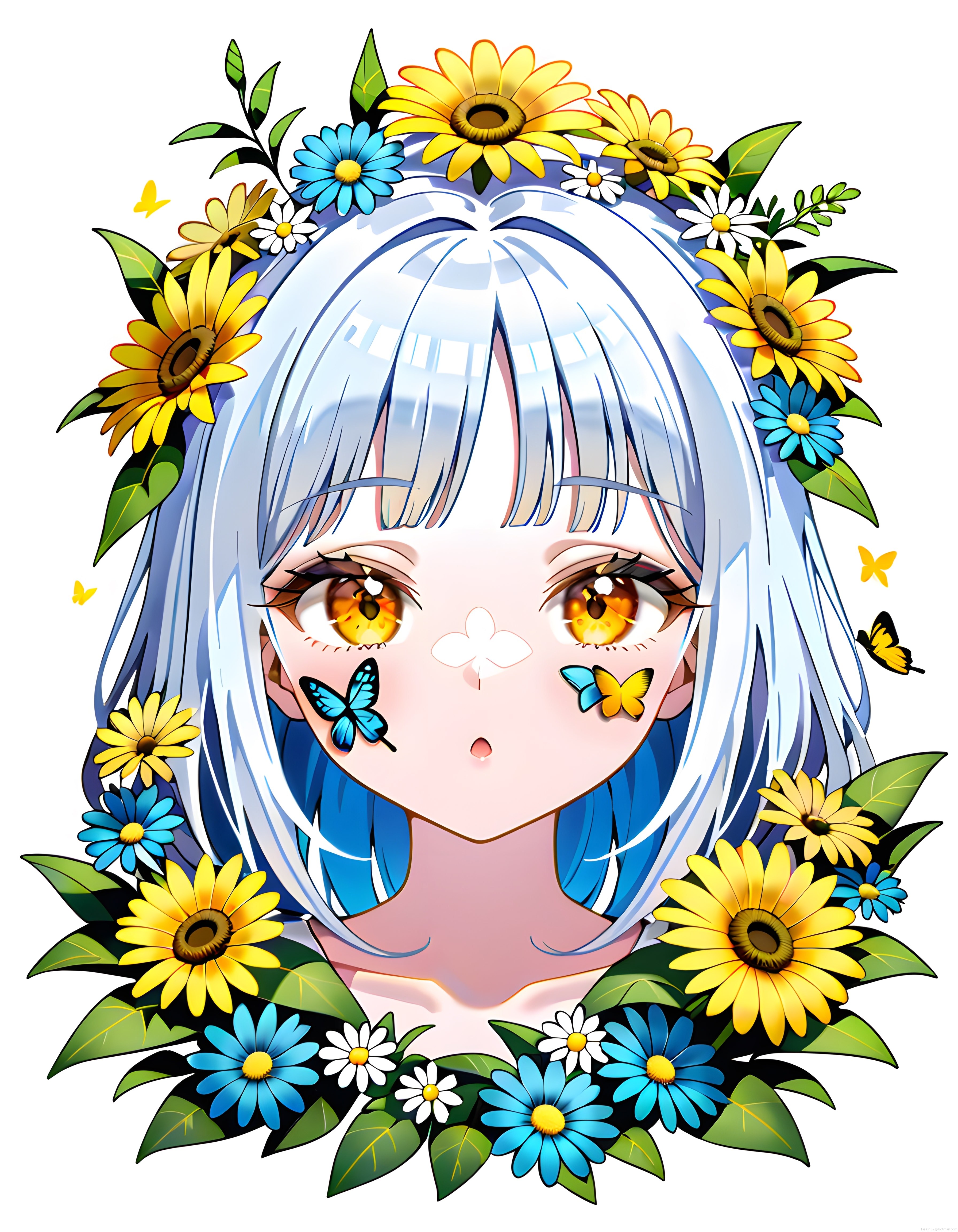 Çiçek ve Kelebekler Arasında Parlayan Anime Kız Dijital İllüstrasyon
