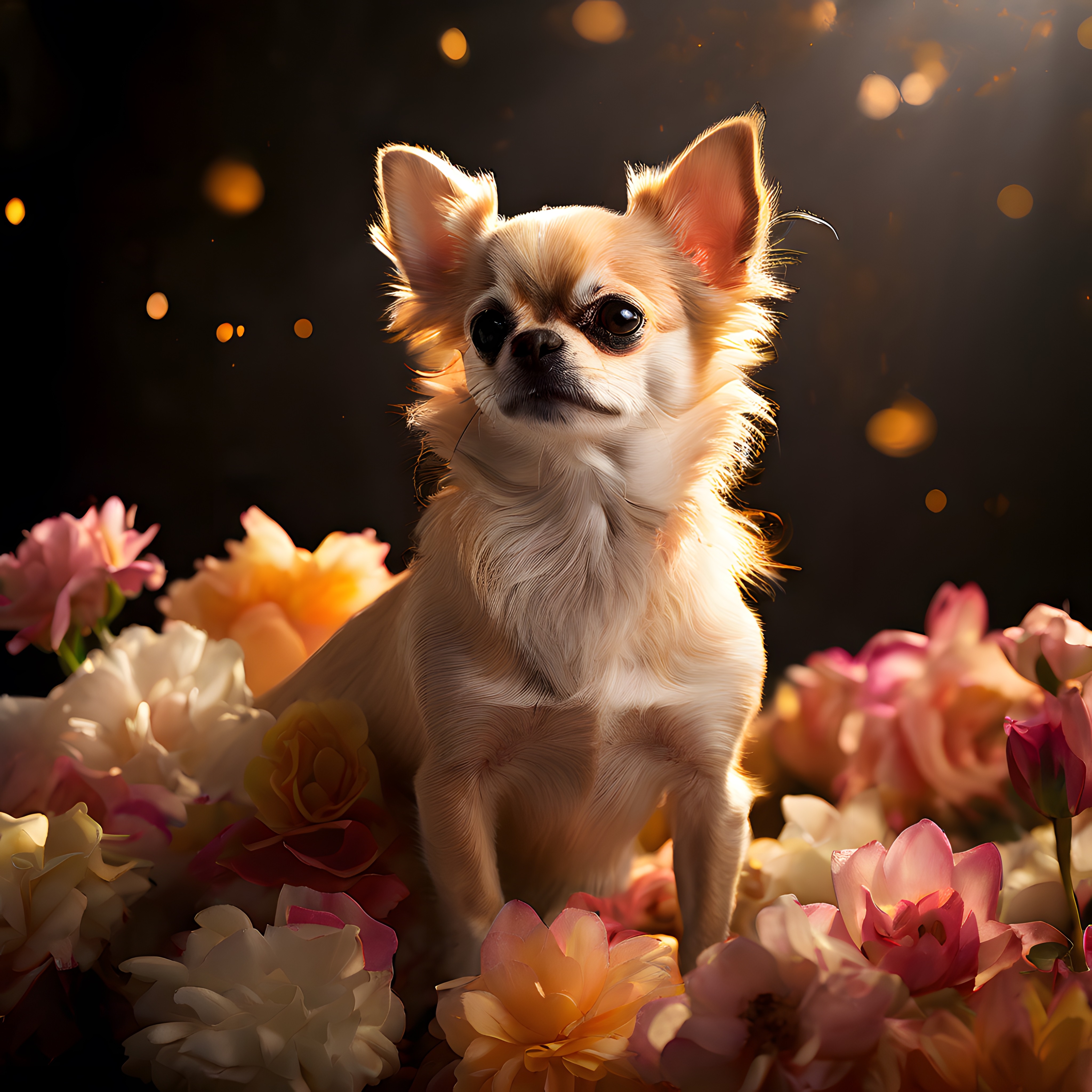 Çiçekler Arasında Chihuahua: Sıcak Işıklı Büyüleyici Köpek Portresi