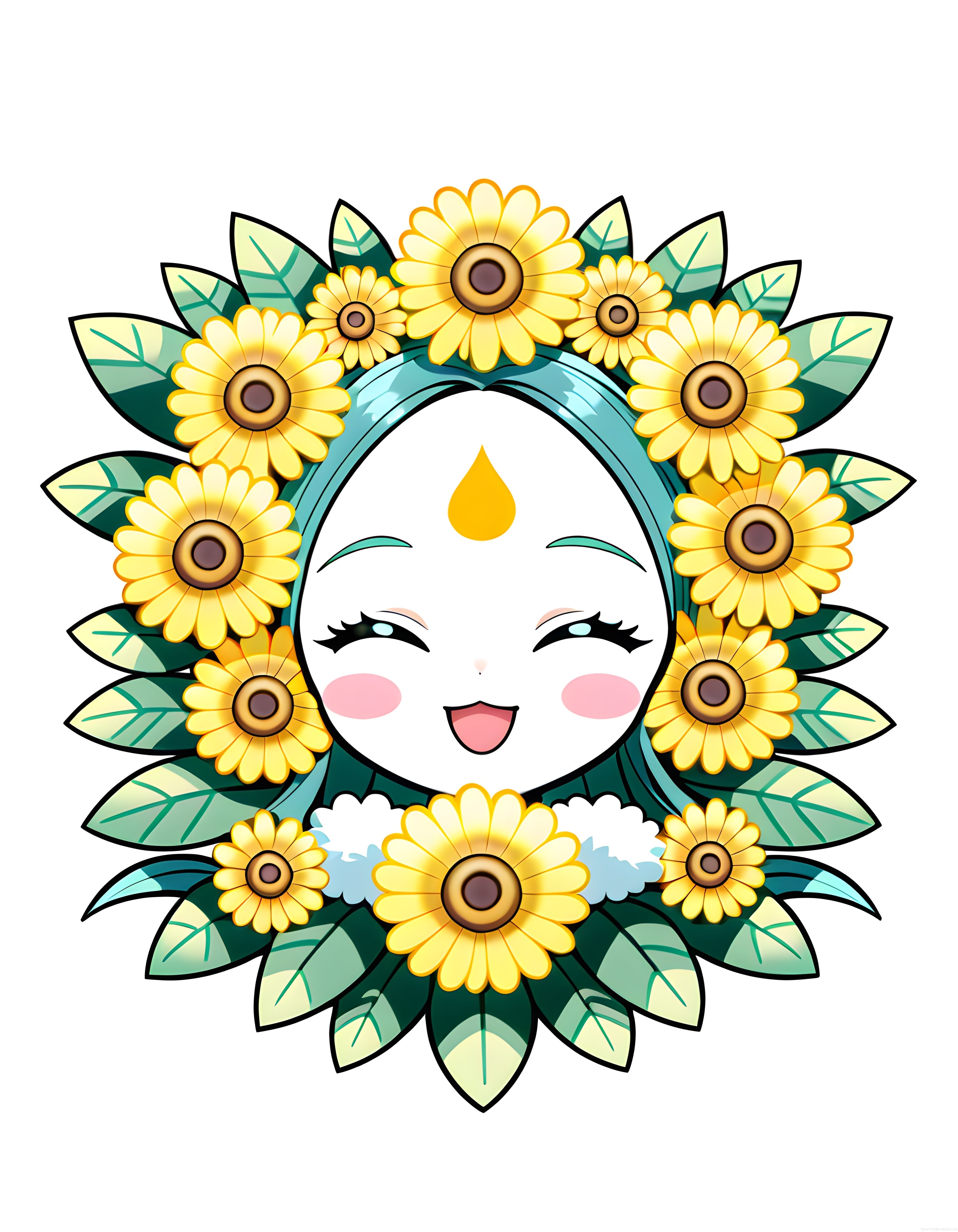 Çiçekler ve Yapraklarla Çevrili Gülümseyen Anime Kız Dijital İllüstrasyonu