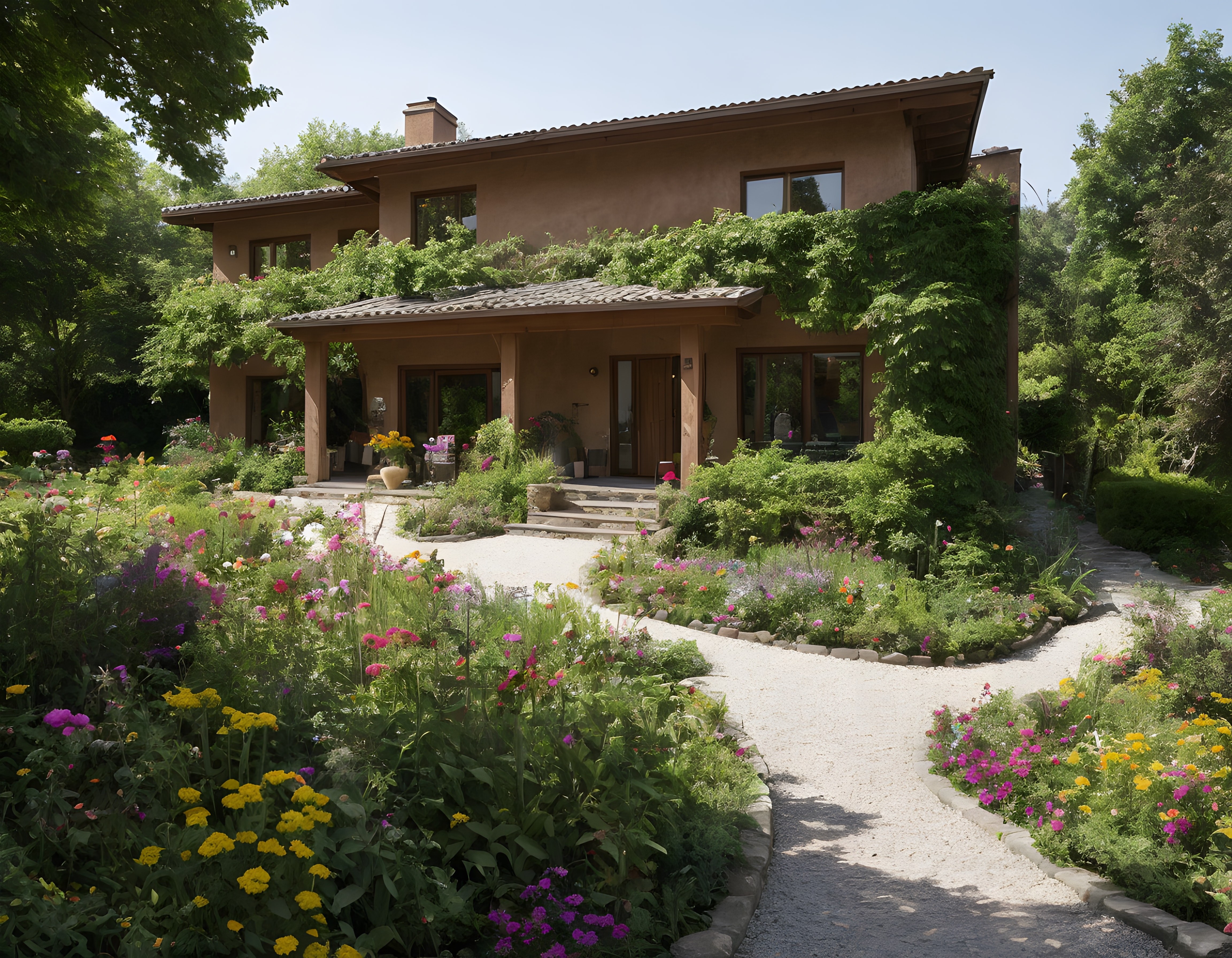 Çiçeklerle Dolu Yemyeşil Bahçe İçinde Sıcacık Bir Kır Evi Manzarası
