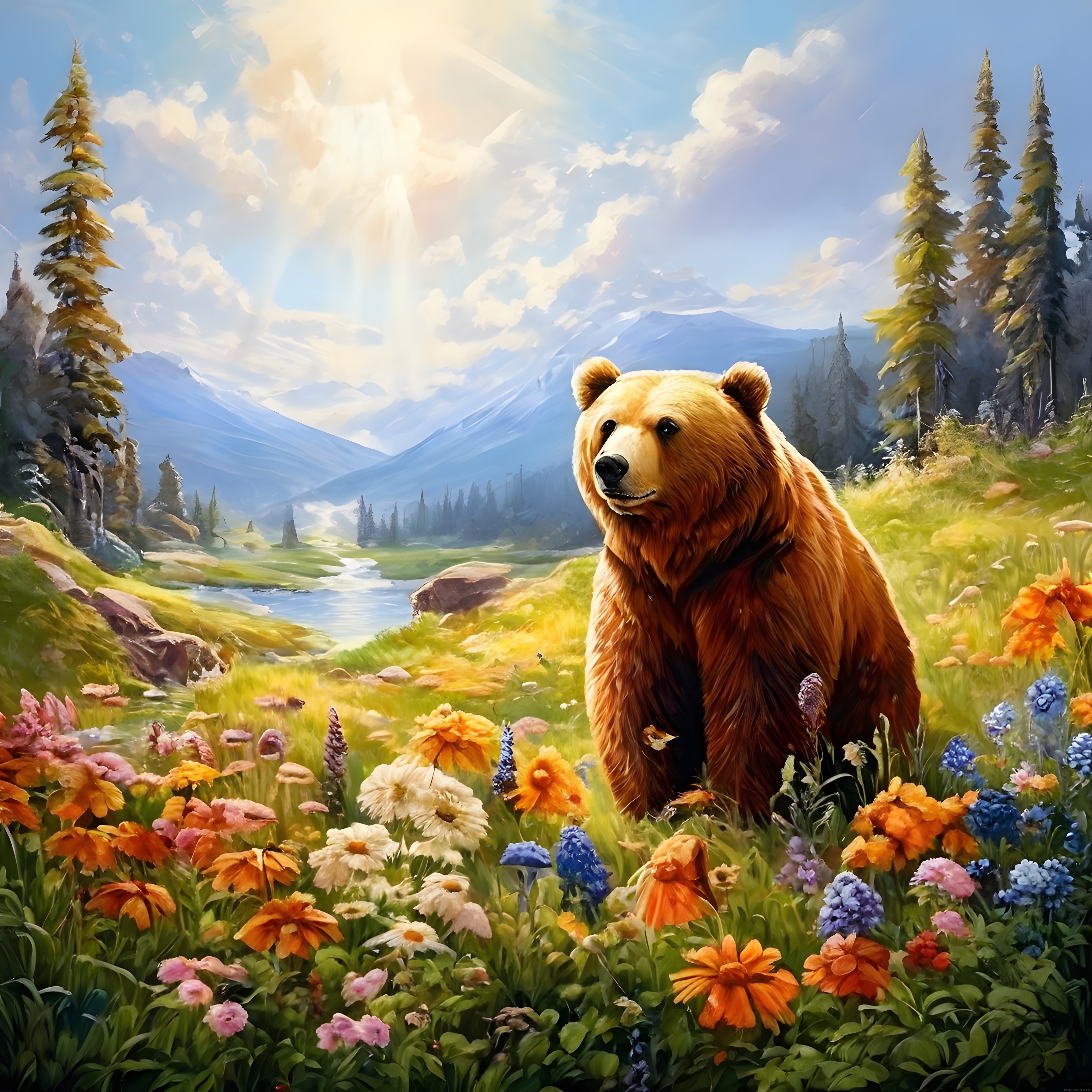 Çiçeklerle Kaplı Vadide Gururla Duran Boz Ayı ve Büyüleyici Dağ Manzarası