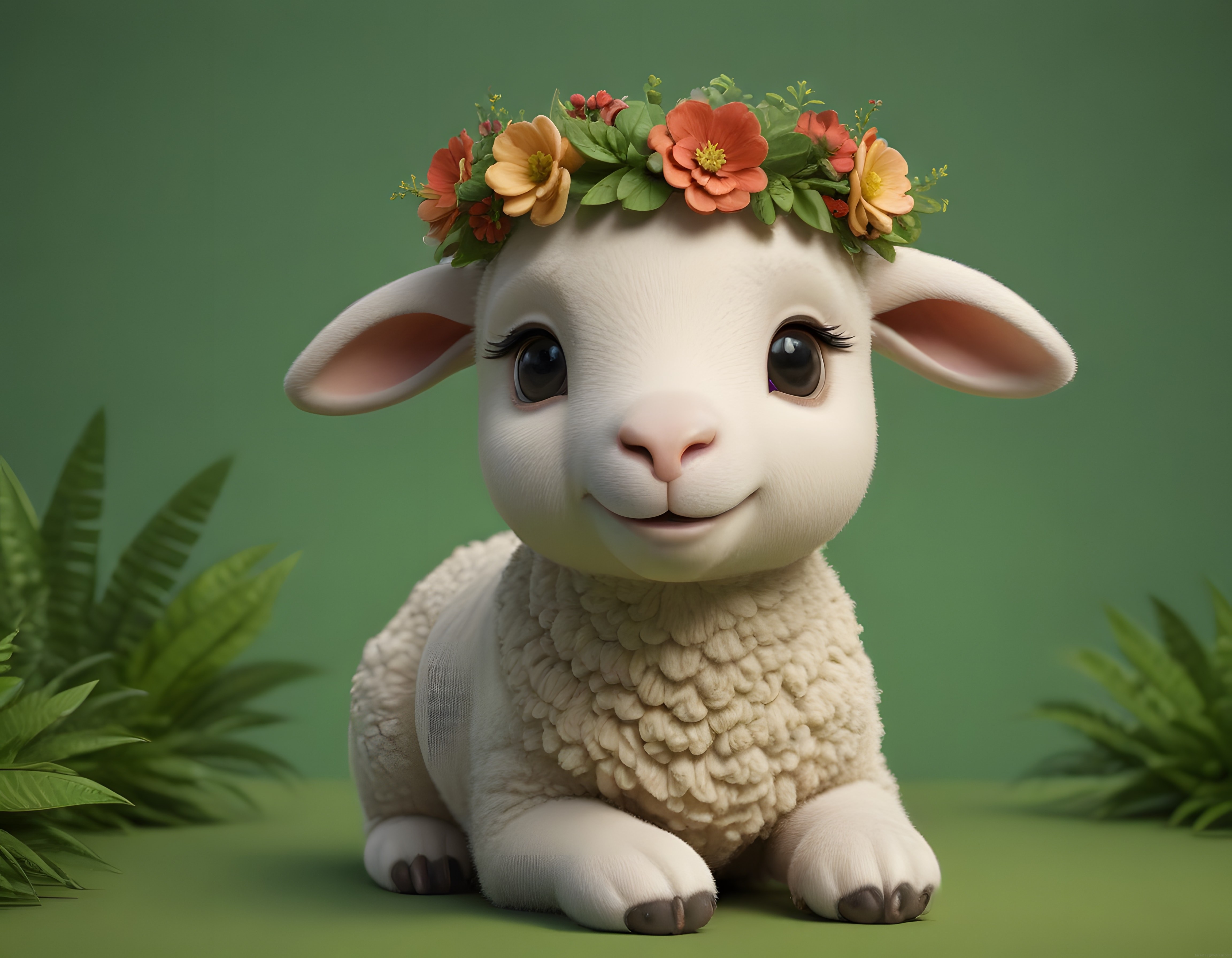 çiçekli taç giyen beyaz kuzu portresi ile sevimli 3d animasyon illüstrasyonu
