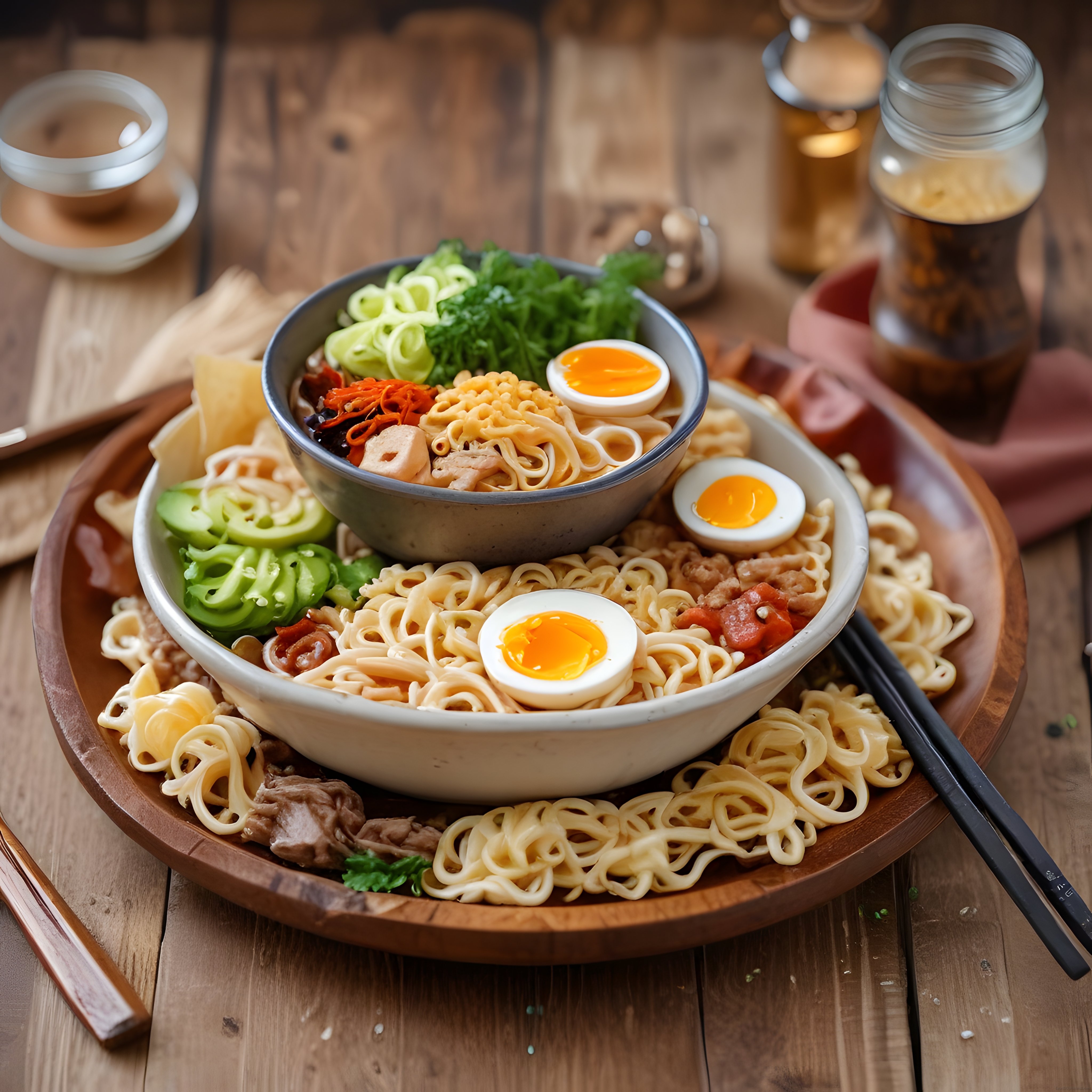Çift Kase Ramen, Yumurta ve Yeşil Sebzelerle Rustik Ahşap Sunum