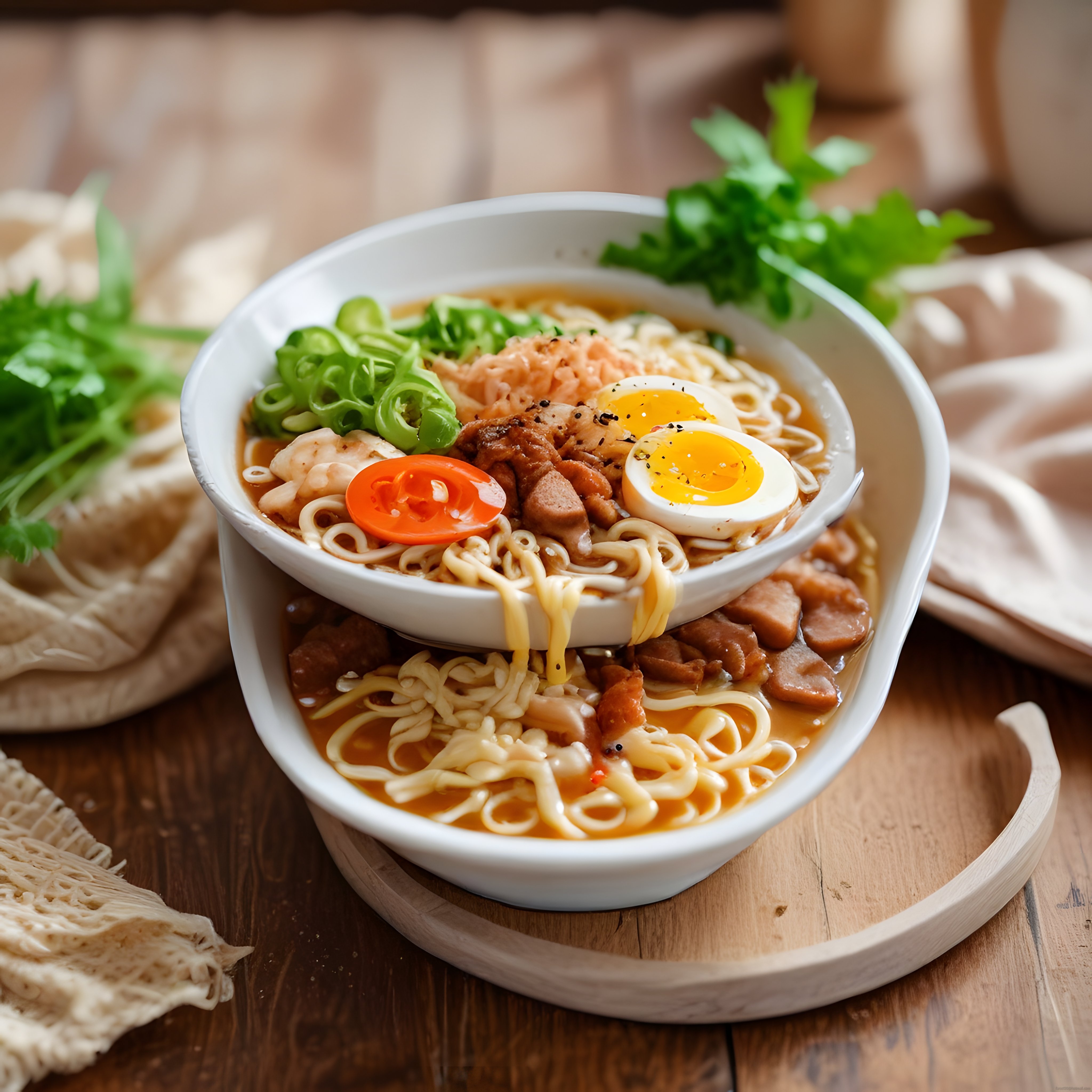 Çift Kasede Sunulan Japon Ramen: Yumurtalı ve Sebzeli Noodle Çorbası
