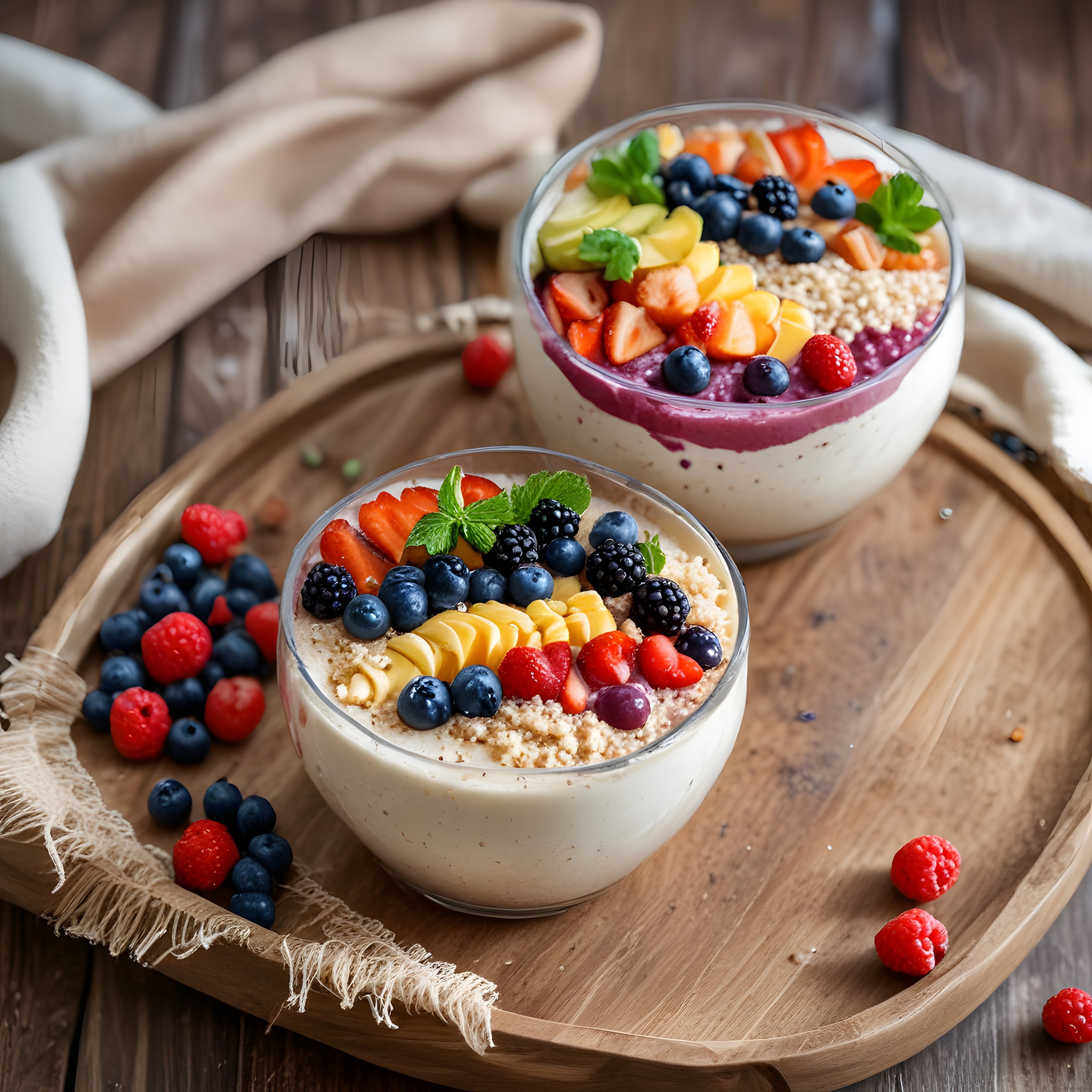 Çift Katlı Cam Kapta Meyveli Smoothie Bowl ve Yoğurtlu Kahvaltı Sunumu