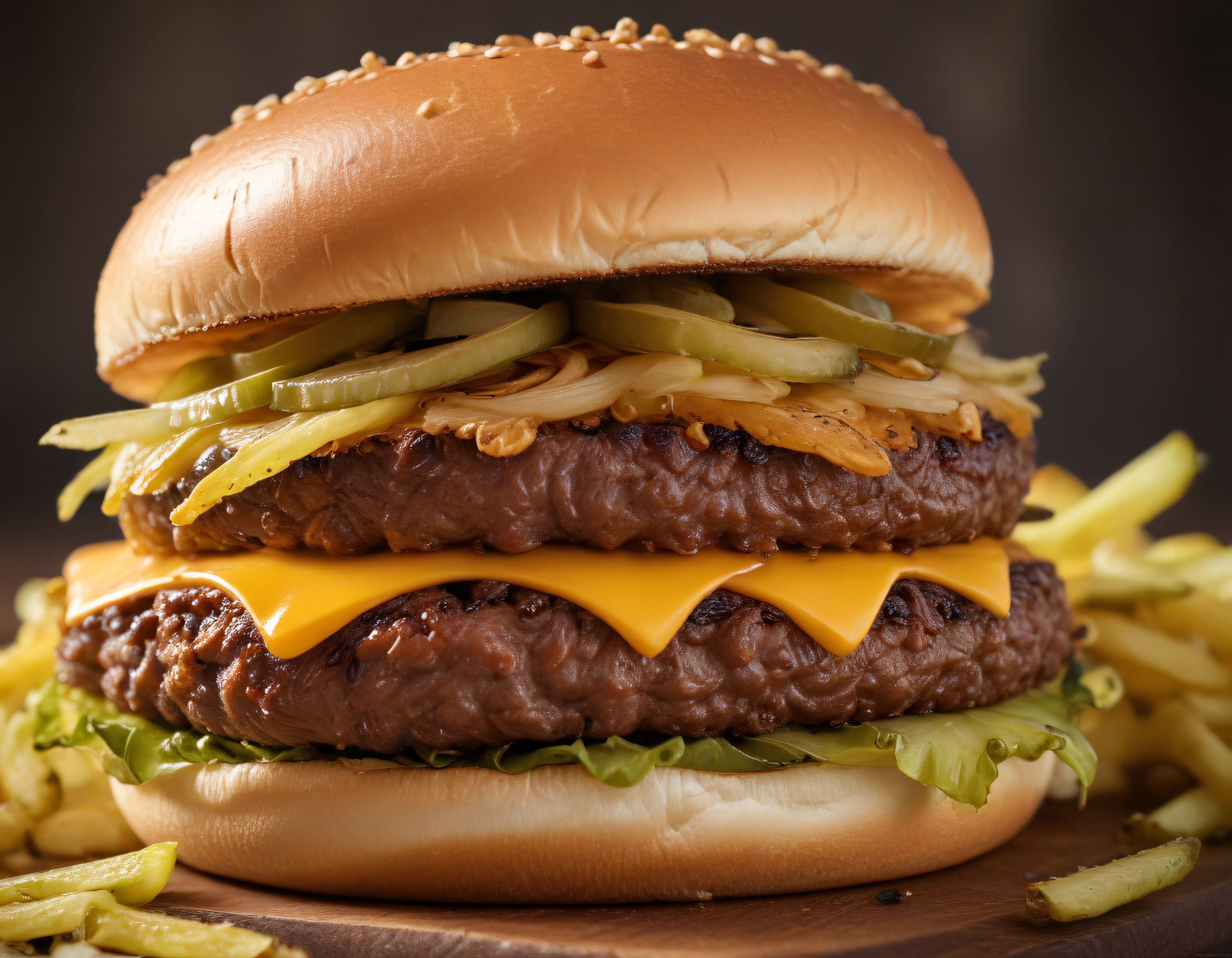 Çift Katlı Cheddar Peynirli Hamburger ve Patates Kızartmasıyla Nefis Menü
