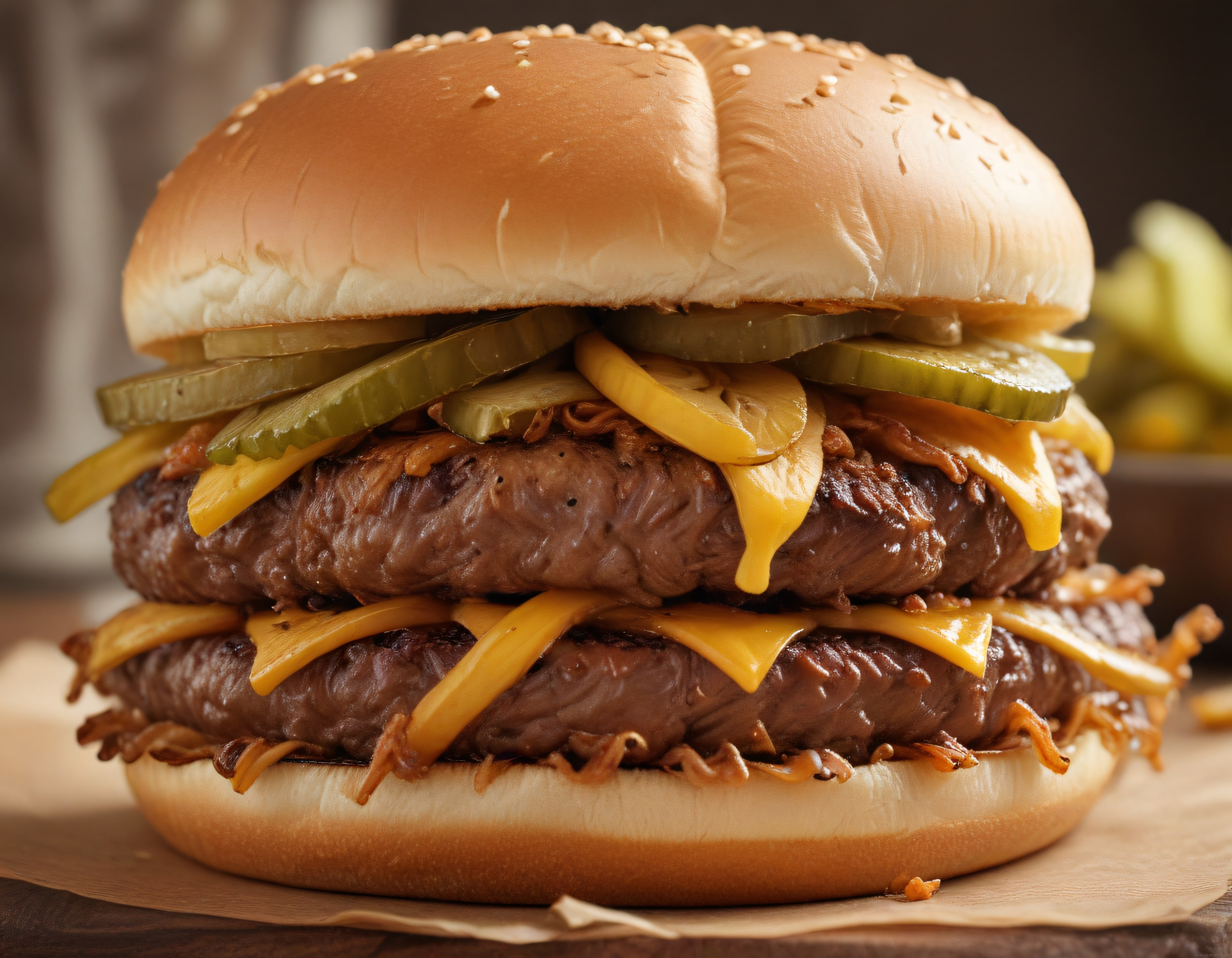 Çift katlı cheddar peynirli turşulu burger: Sulu et ve çıtır soğan ile