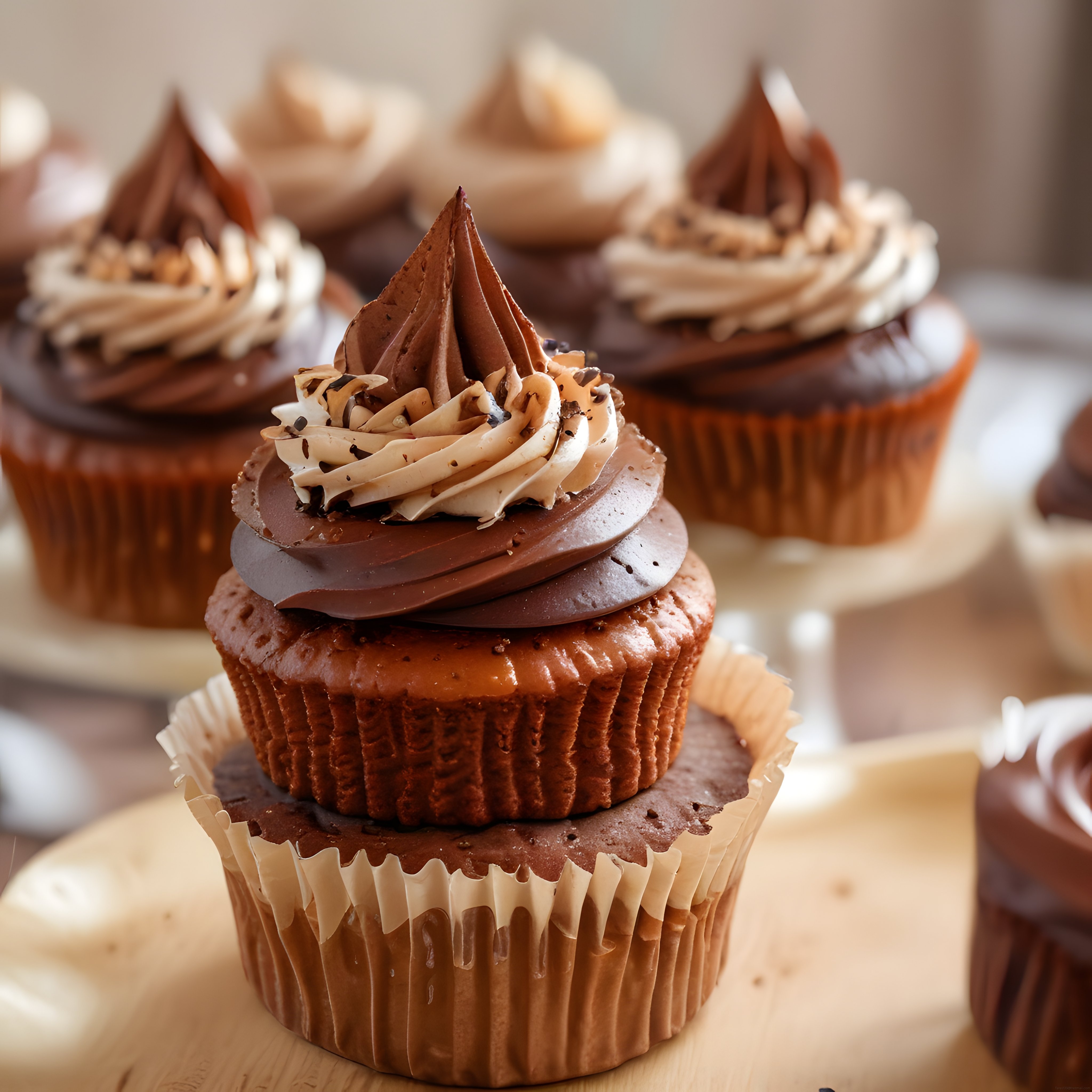 Çift katlı çikolatalı cupcake kulesi ve ganaj detaylarıyla enfes tatlı sunumu