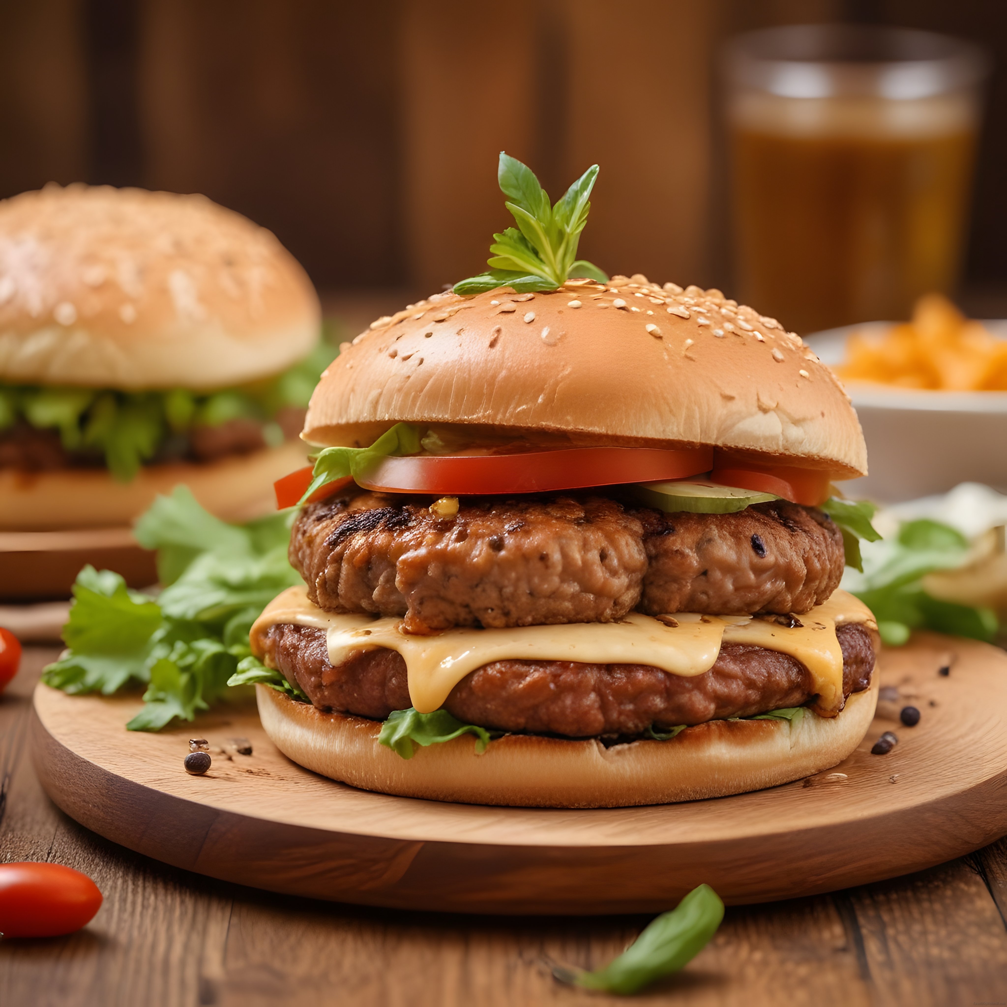 Çift Katlı Erimiş Peynirli Hamburger ve Susamlı Ekmekle Rustik Sunum