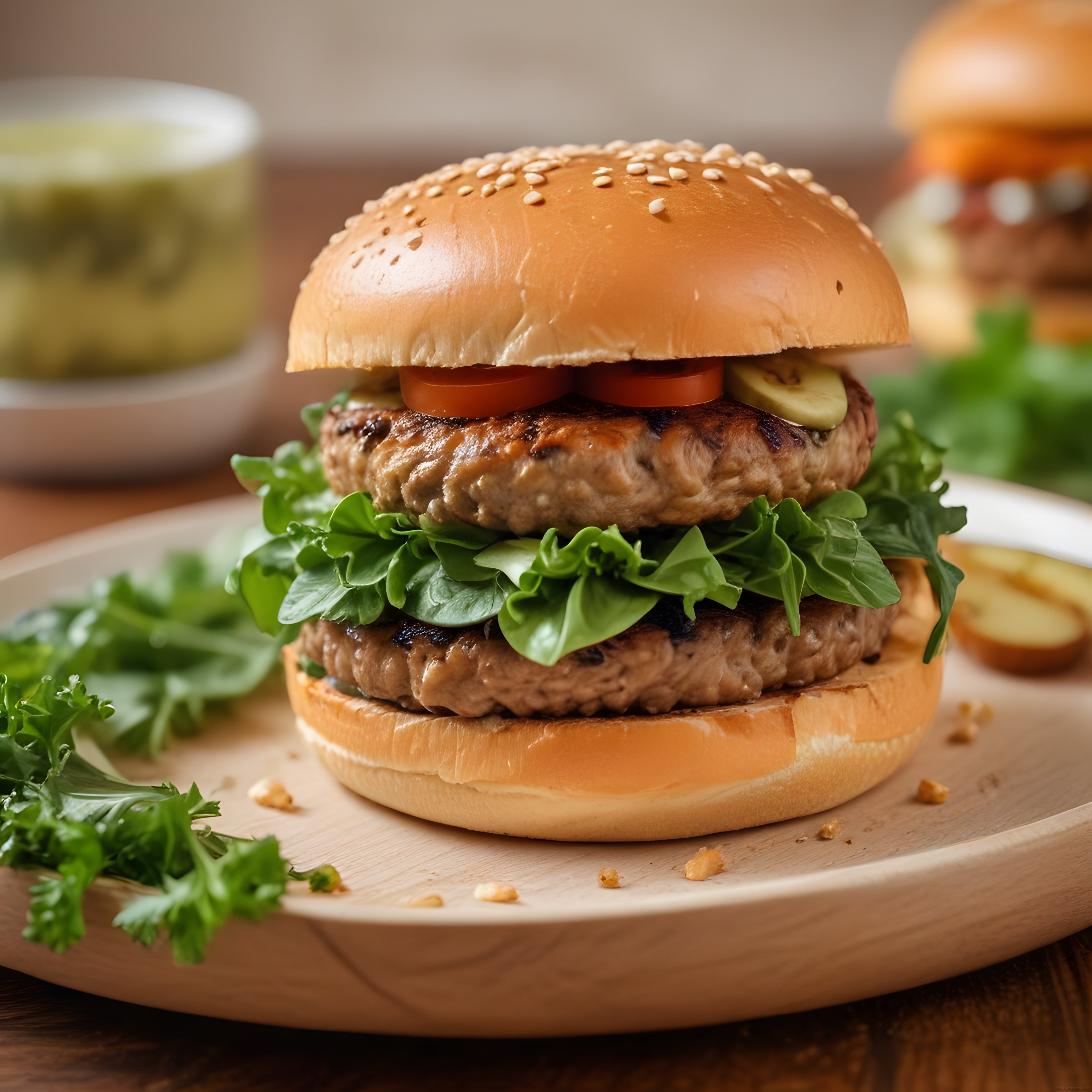 Çift Katlı Et Burger: Susamlı Ekmek, Izgara Köfte ve Sebzelerle Sunum