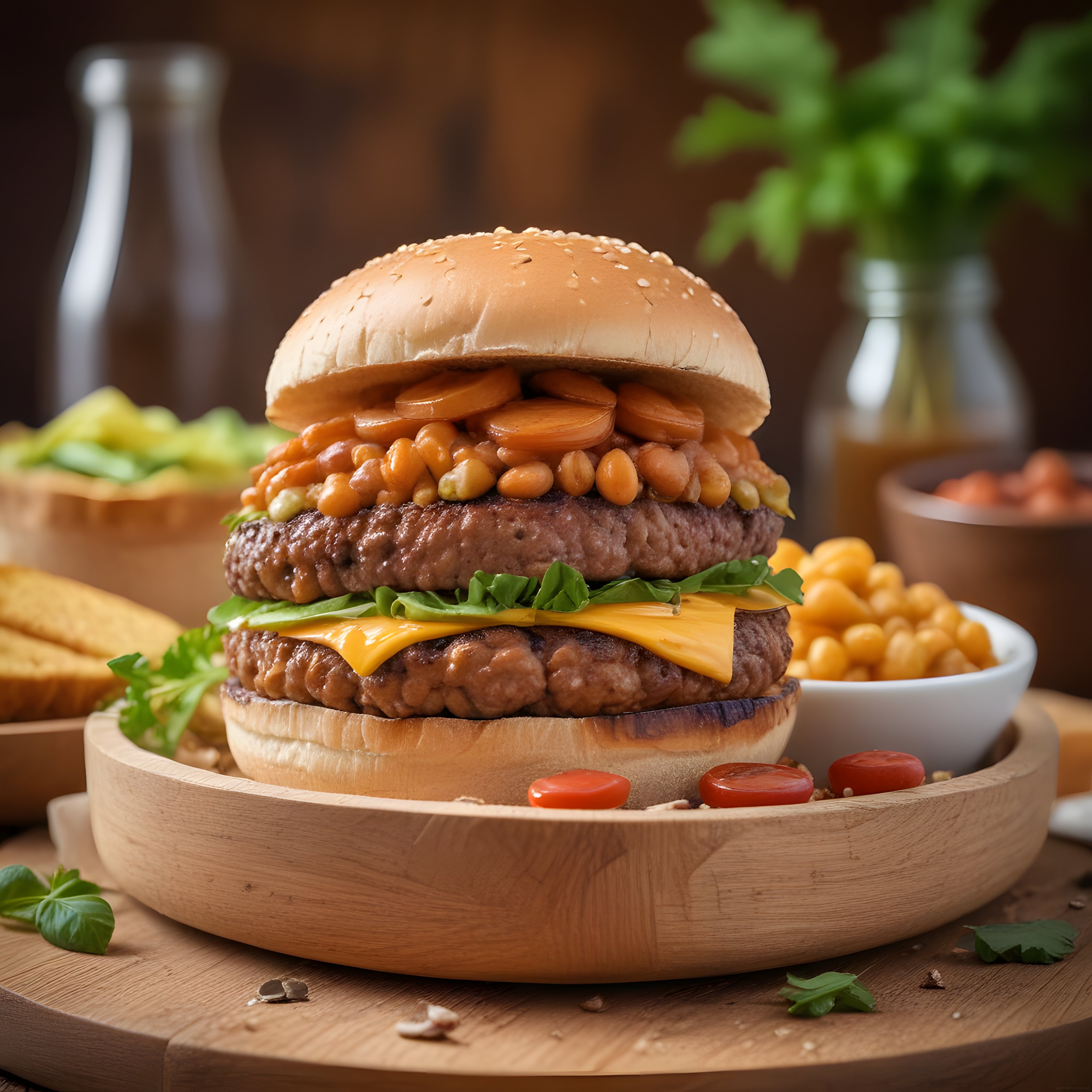 çift katlı fasulyeli sosisli hamburger, cheddar peyniri ve rustik ahşap sunum