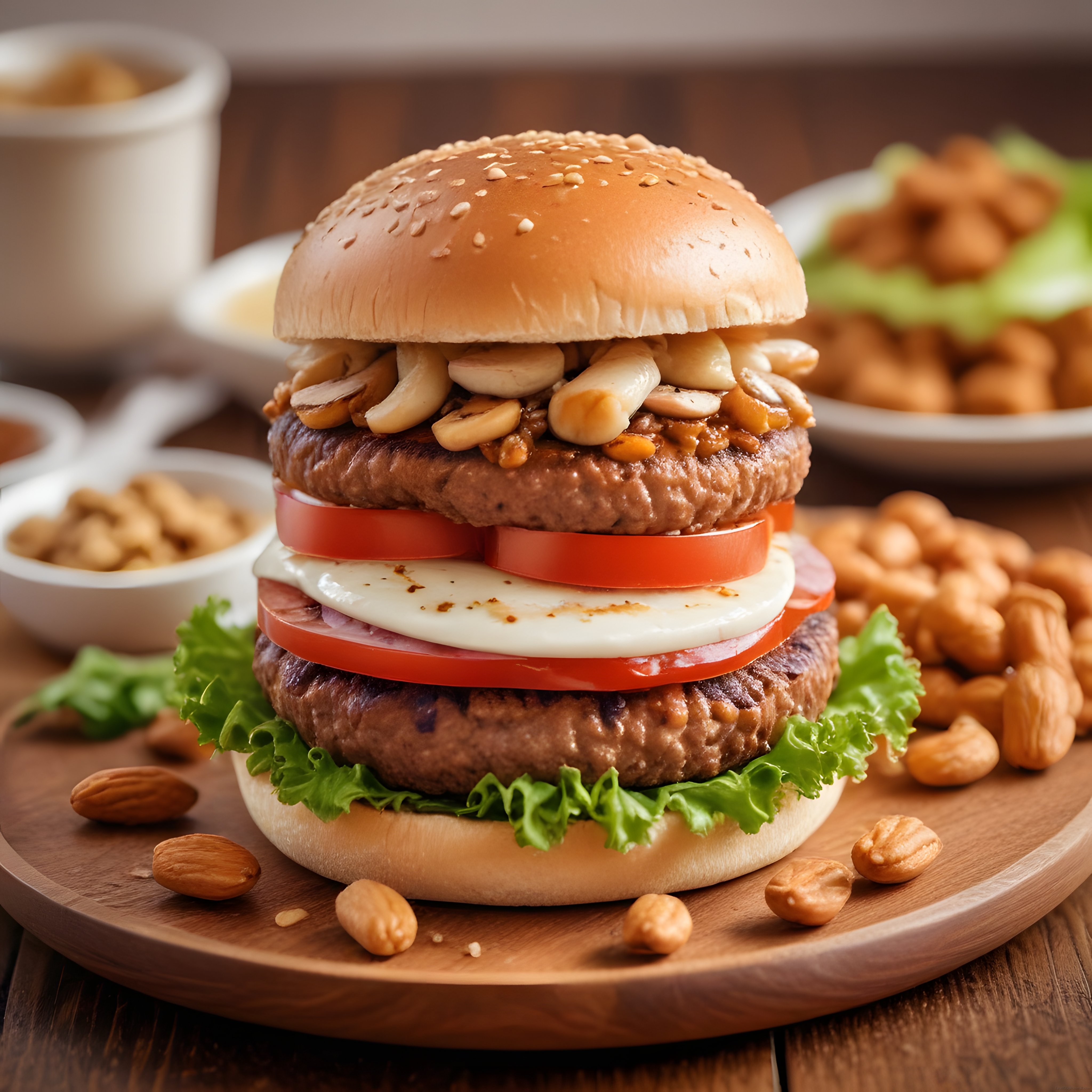 Çift katlı gurme burger, kuruyemişlerle bezeli sıcak ve iştah açıcı bir sunum