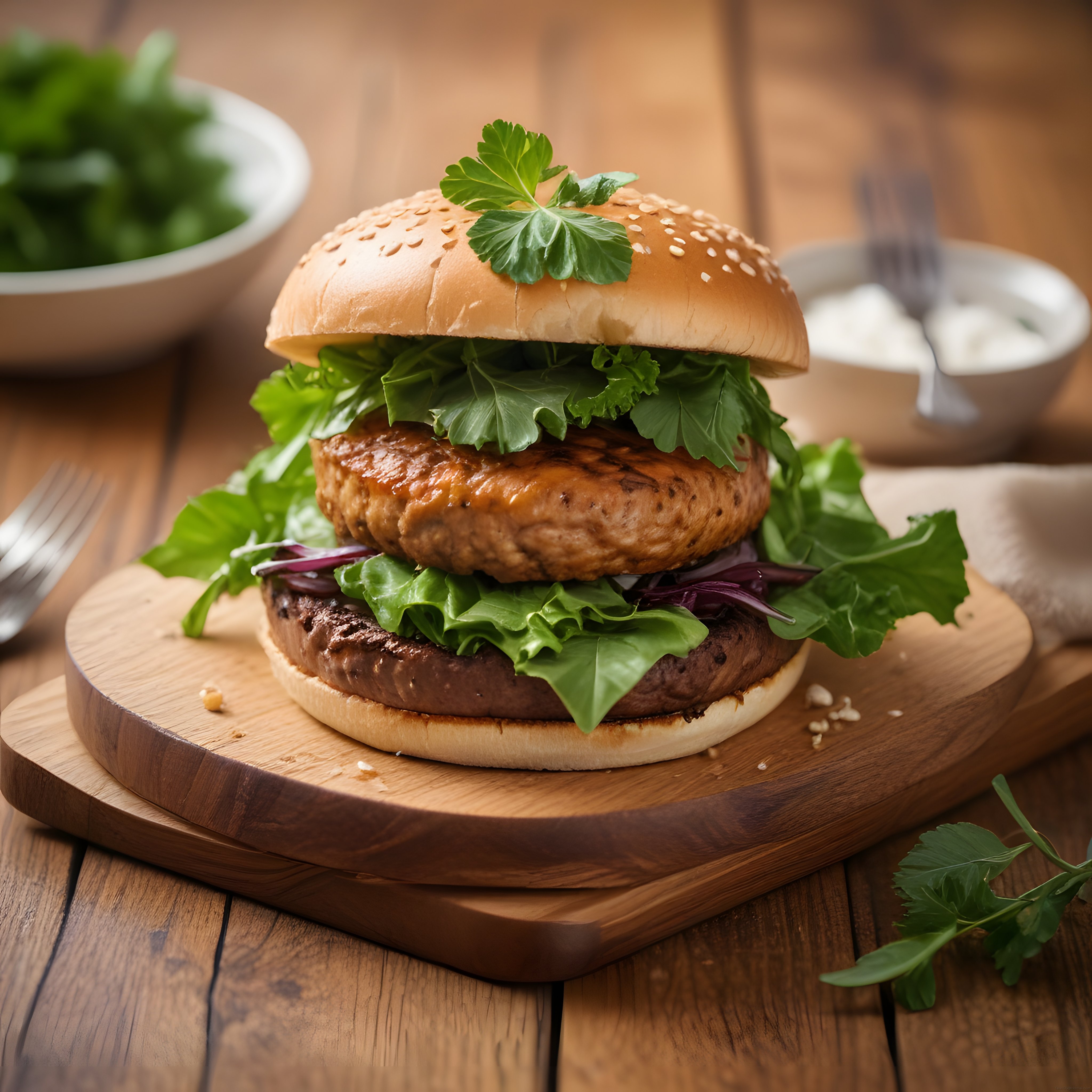 Çift Katlı Gurme Burger: Taze Yeşillik ve Susamlı Ekmeğin Muhteşem Uyumu