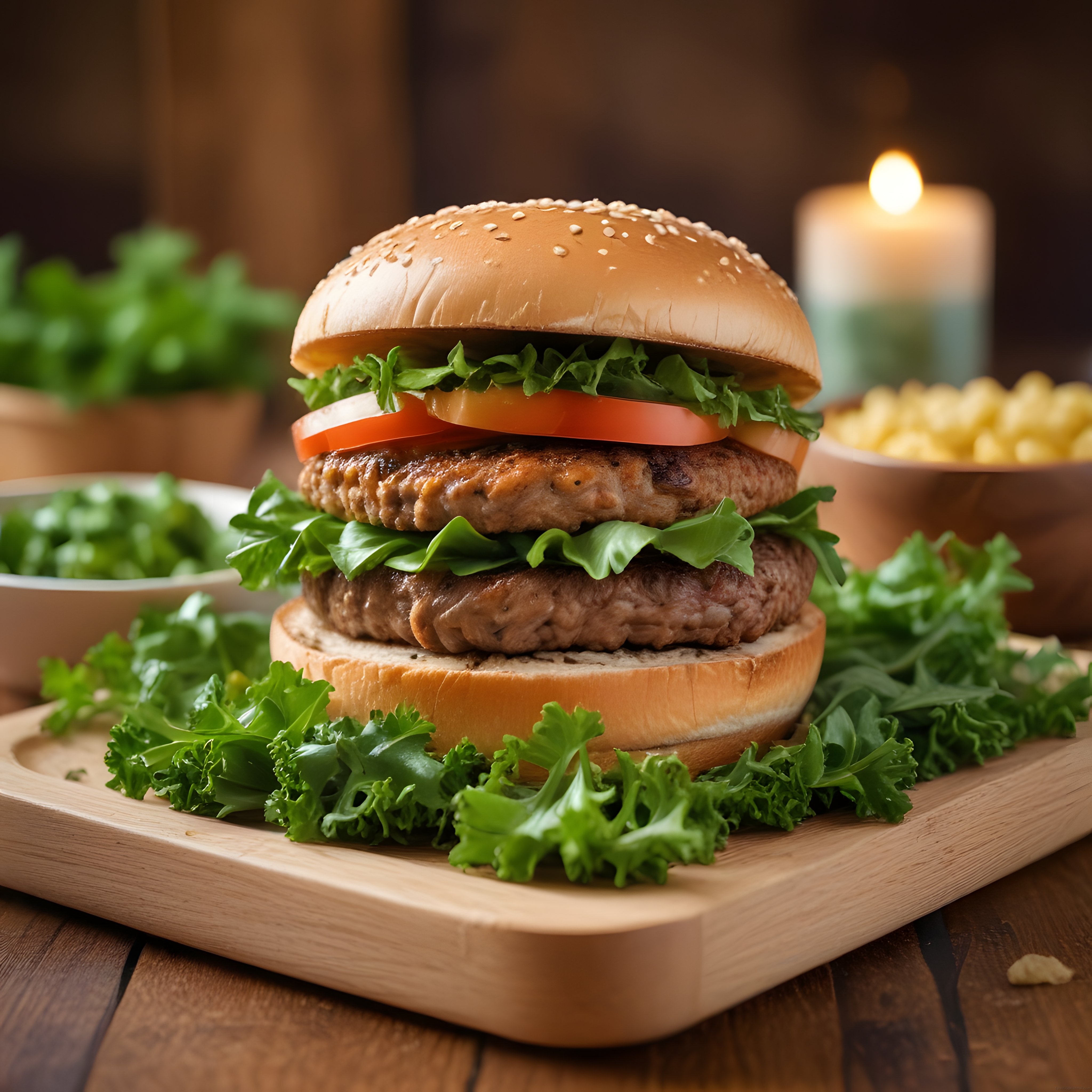 Çift Katlı Hamburger: Susamlı Ekmek, Taze Marul ve Domatesle Şık Sunum