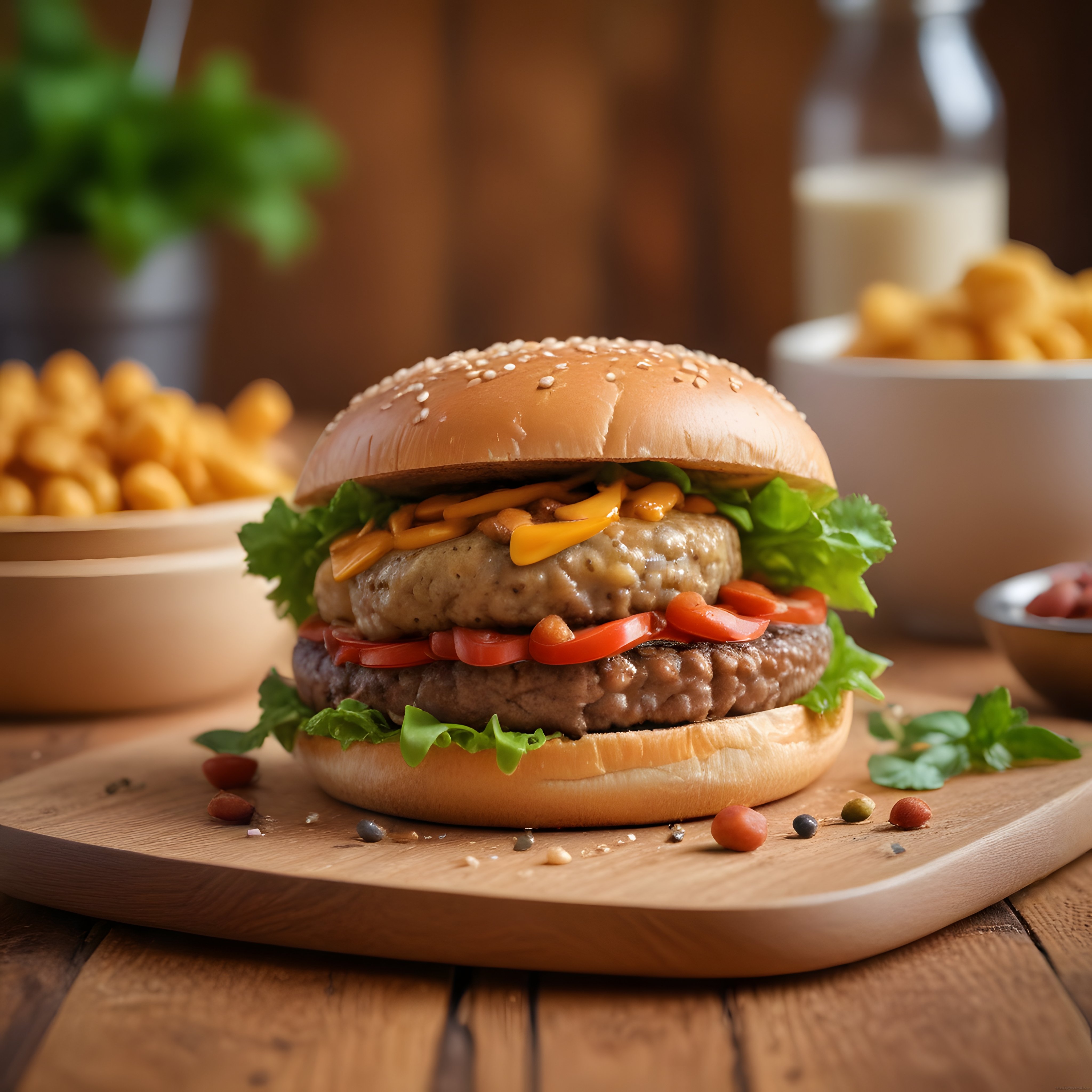 Çift Katlı Hamburger ve Patates Kızartması ile Lezzet Dolu Menü Sunumu