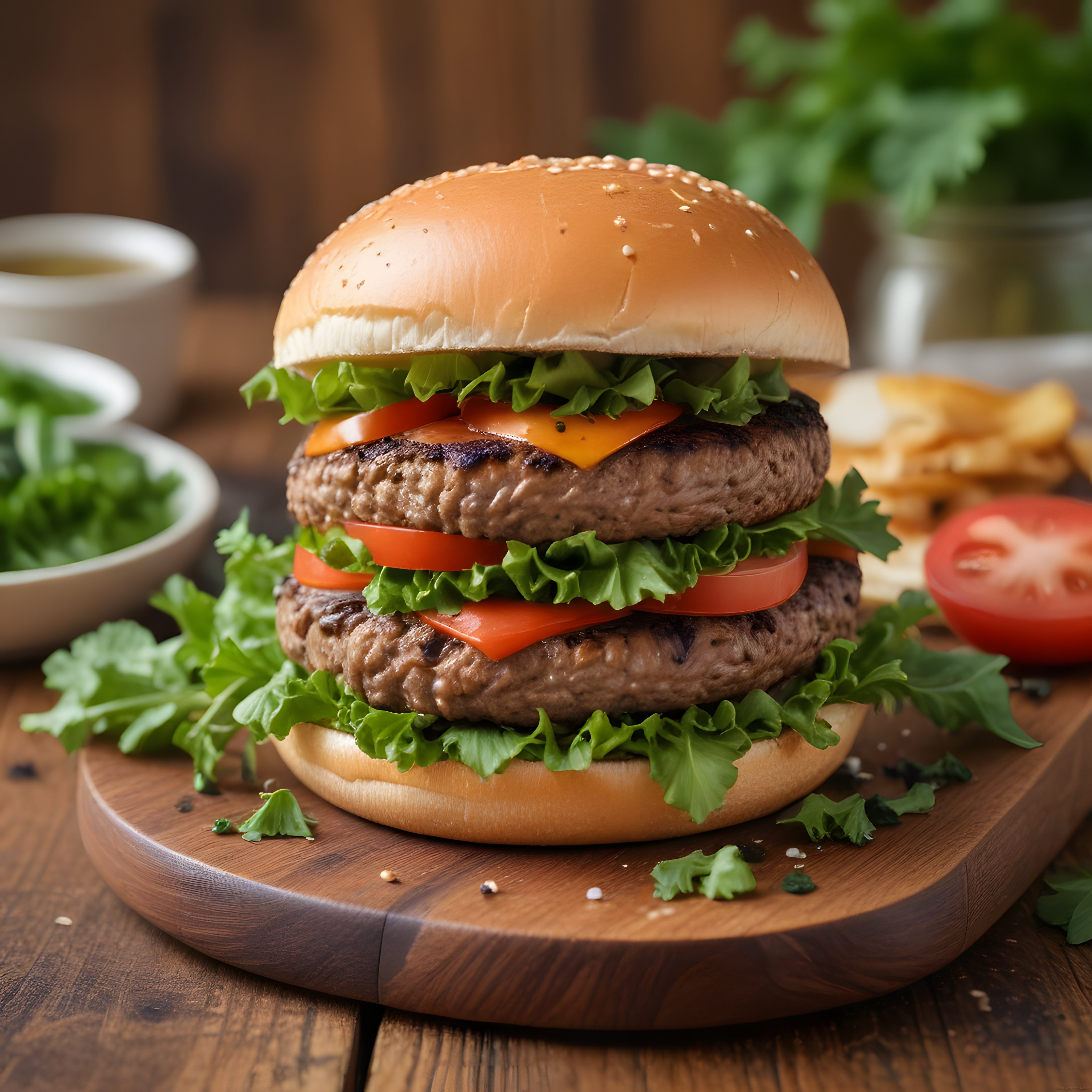 Çift katlı ızgara burger ahşap sunum tahtasında taze marul ve domates eşliğinde