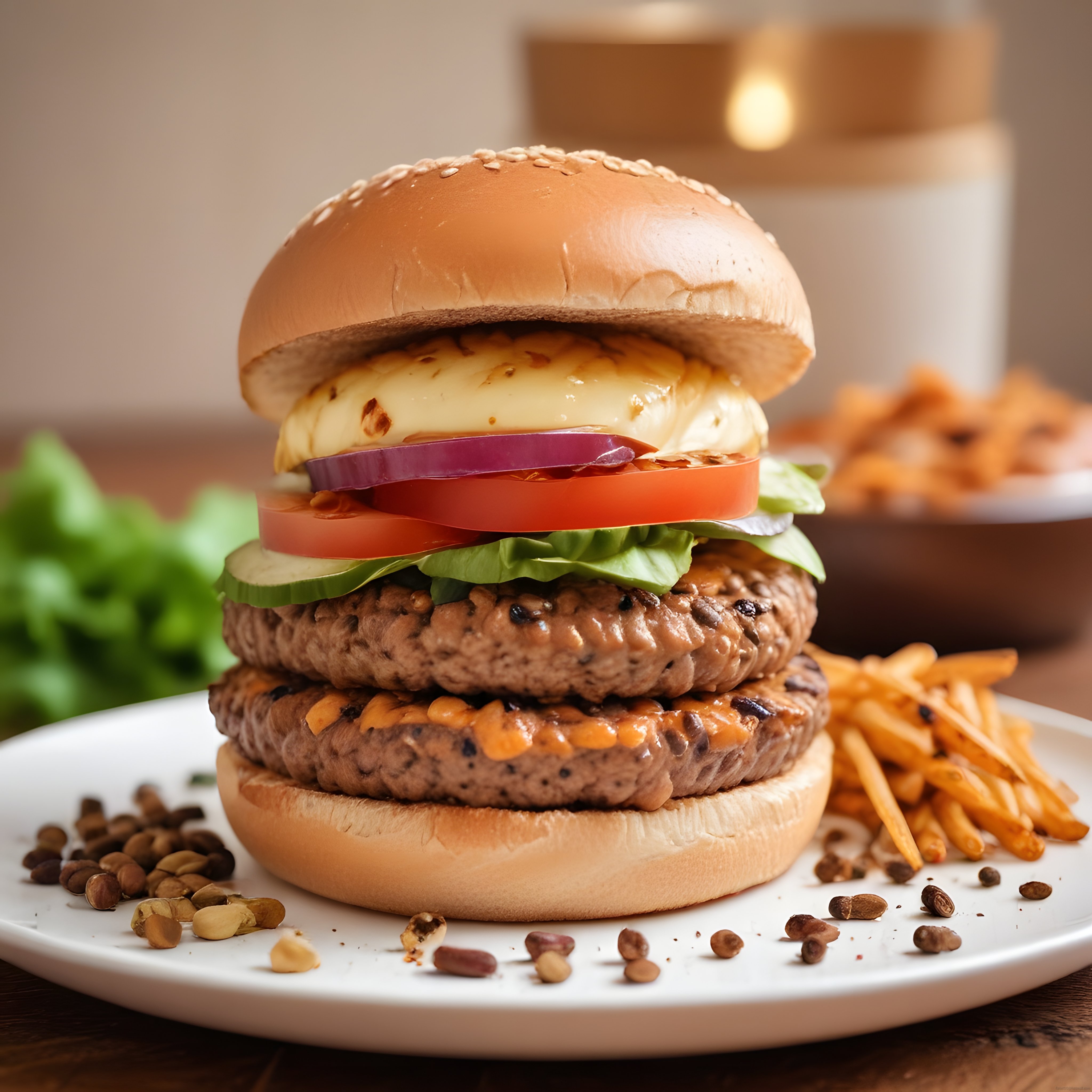 Çift Katlı Izgara Burger Taze Sebzeler ve Patates Kızartması ile Sunulmuş