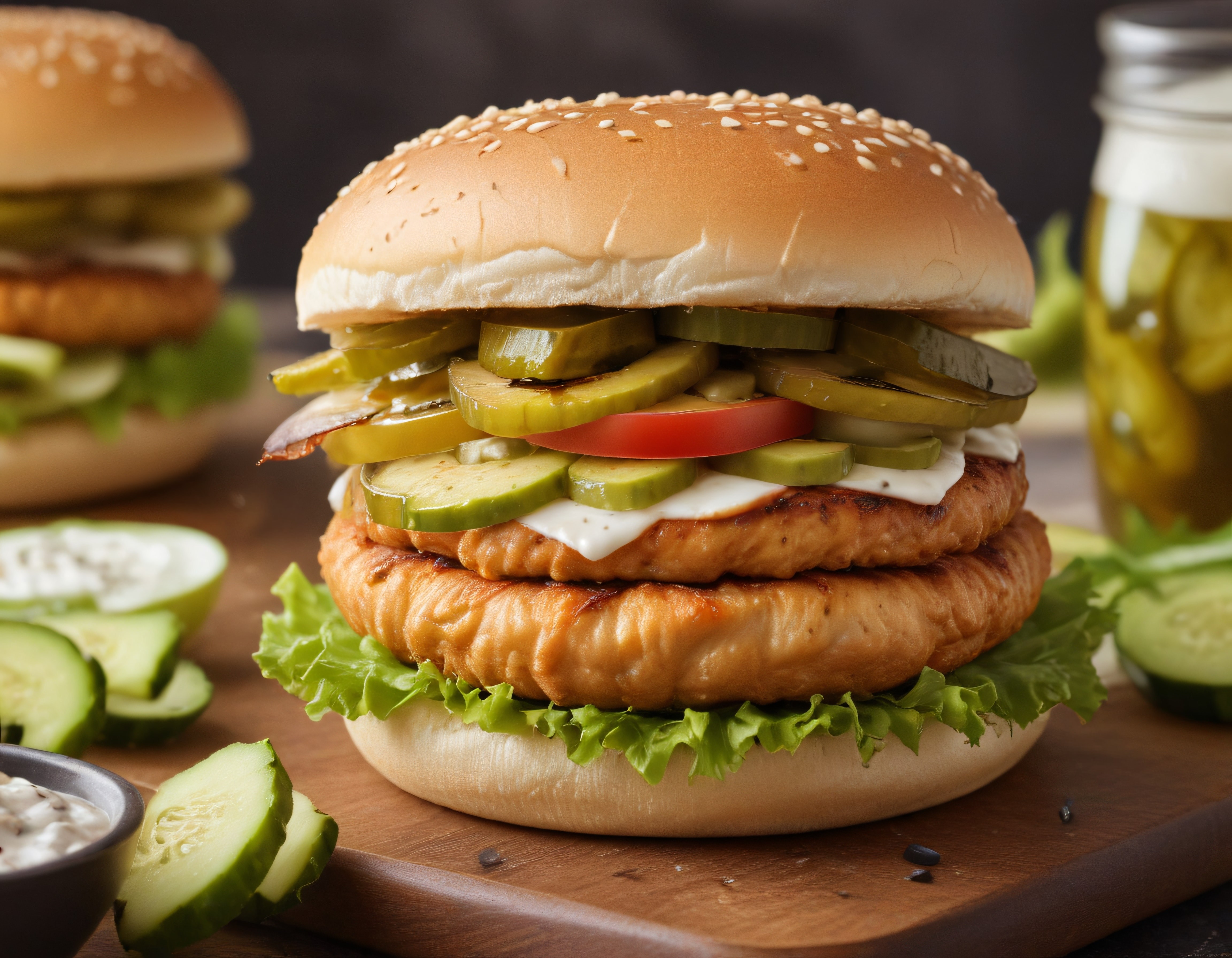 Çift Katlı Izgara Tavuk Burger: Susamlı Ekmek Arası Taze Sebzeler ve Turşu