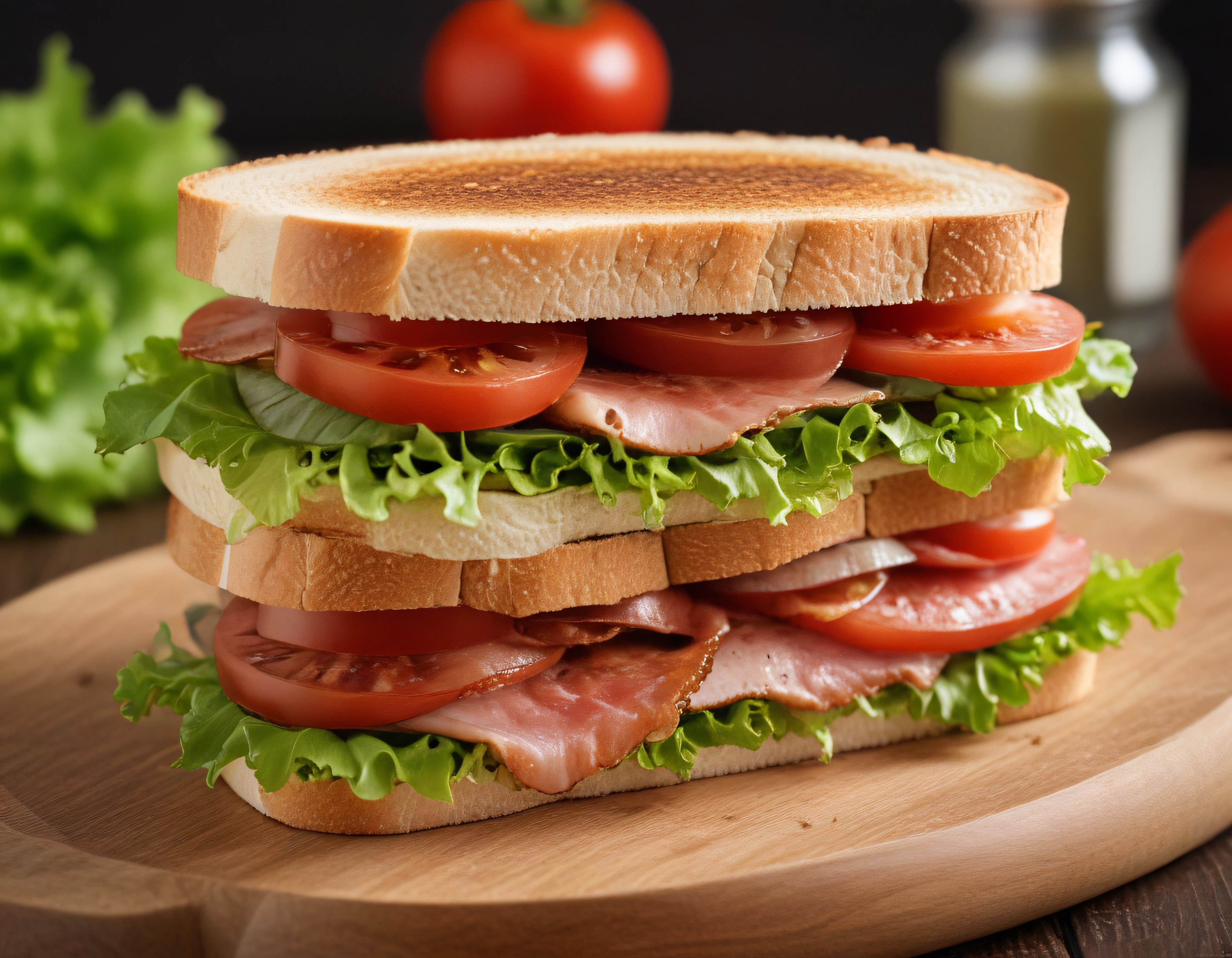 Çift Katlı Jambonlu Tost Sandviç: Taze Domatesli İştah Açıcı Sunum Tahtası