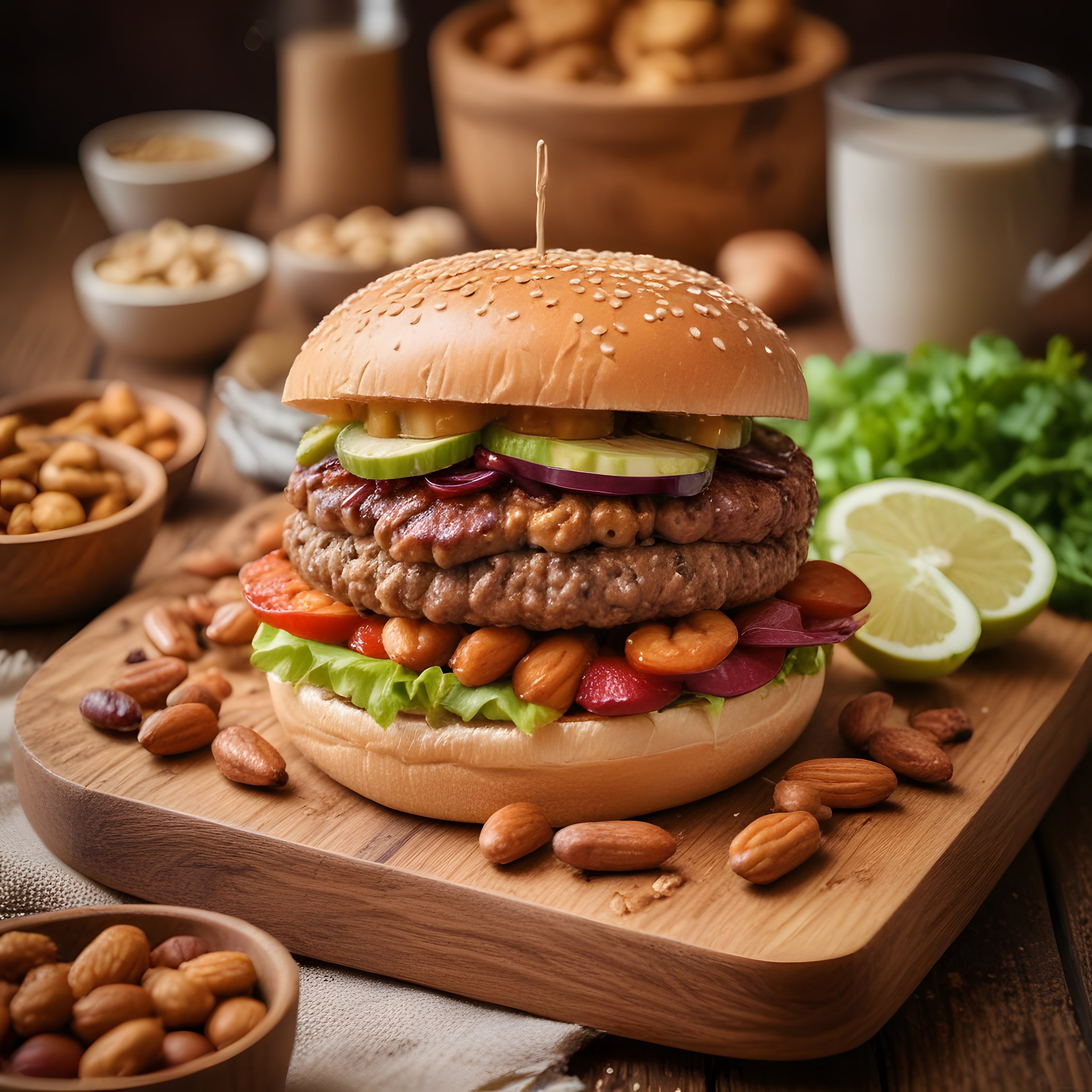 Çift Katlı Nefis Hamburger: Ahşap Sunumda Kuruyemiş ve Taze Sebzeler