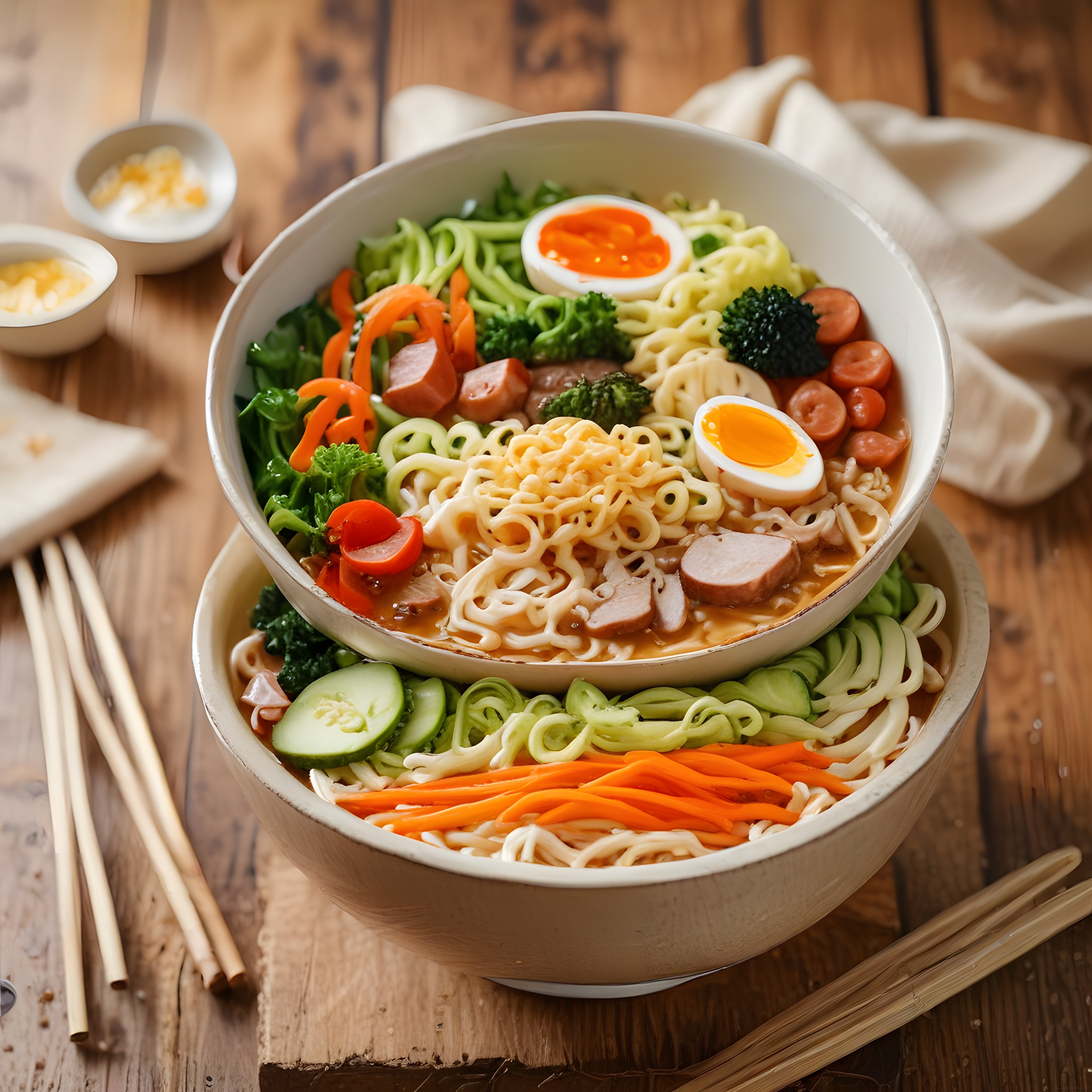 Çift katlı ramen kaseleri, yumurta, sosis ve taze sebzelerle rustik ahşap sunum