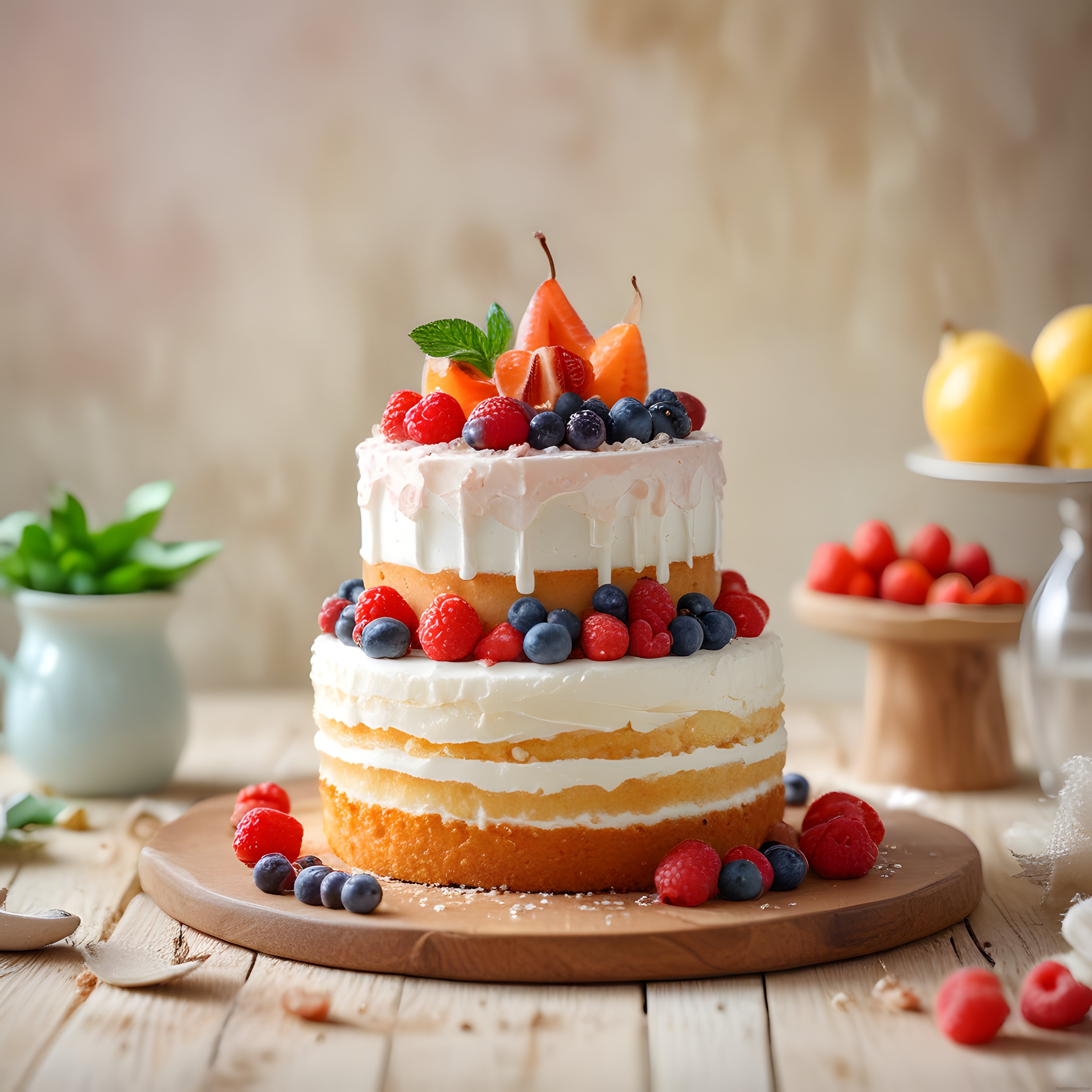 Çift Katlı Taze Meyveli Naked Cake: Rustik Ahşap Sunumda Ev Yapımı Doğal Pasta