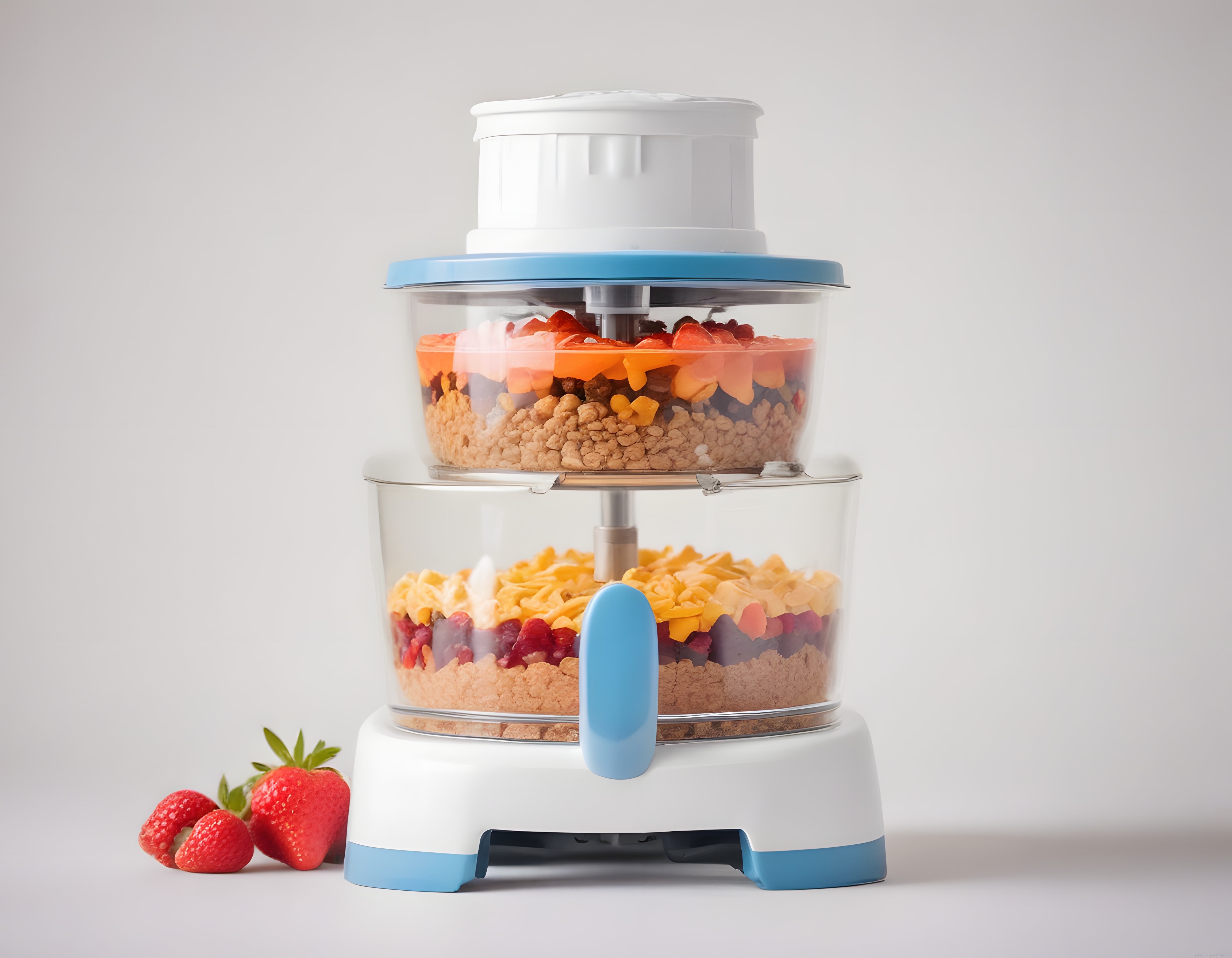 Çift Katmanlı Mutfak Robotunda Renkli Kahvaltı Malzemeleri ve Çilek