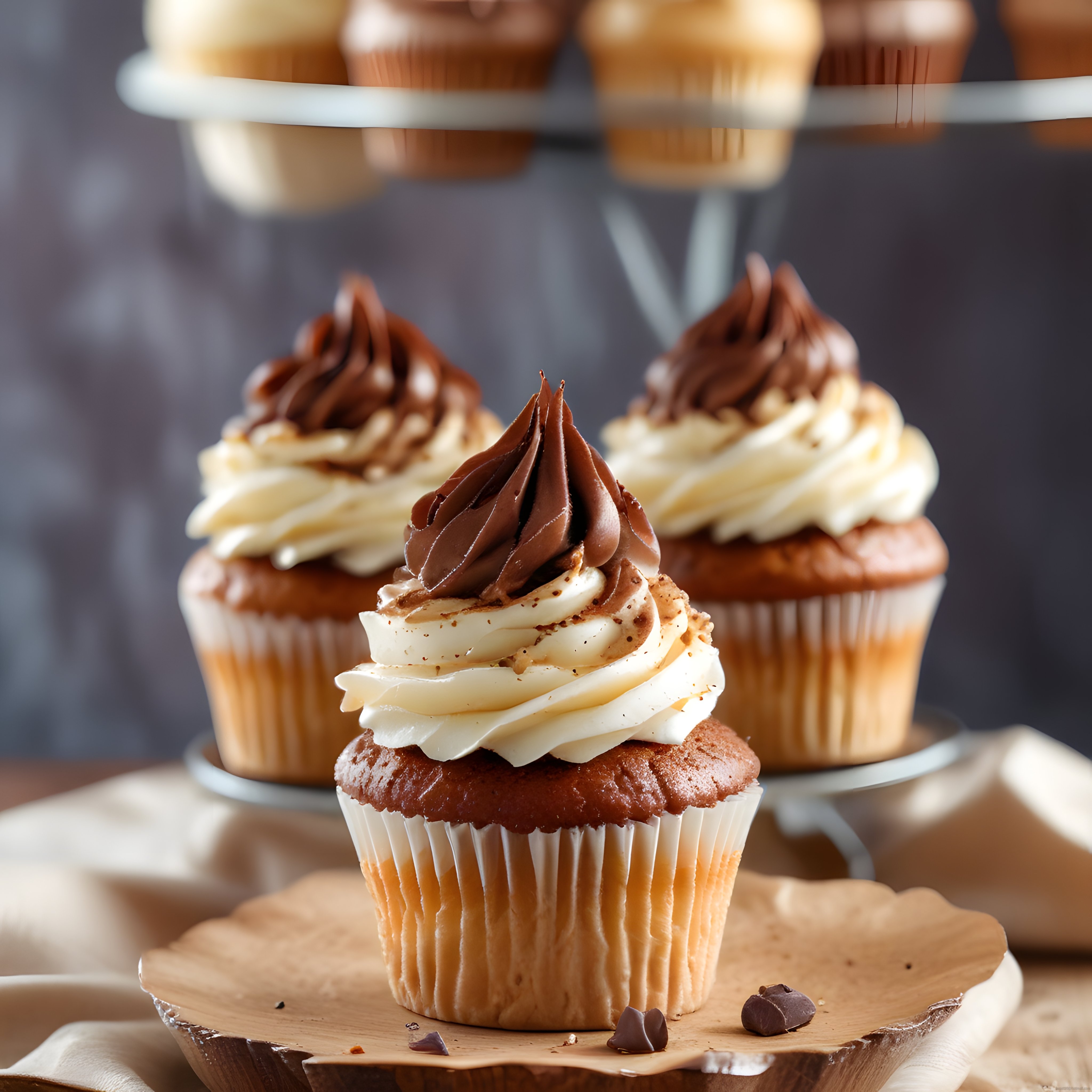 Çift Renkli Kremalı Cupcakeler: Butik Tatlı Sunumu ve Çikolata Detayları