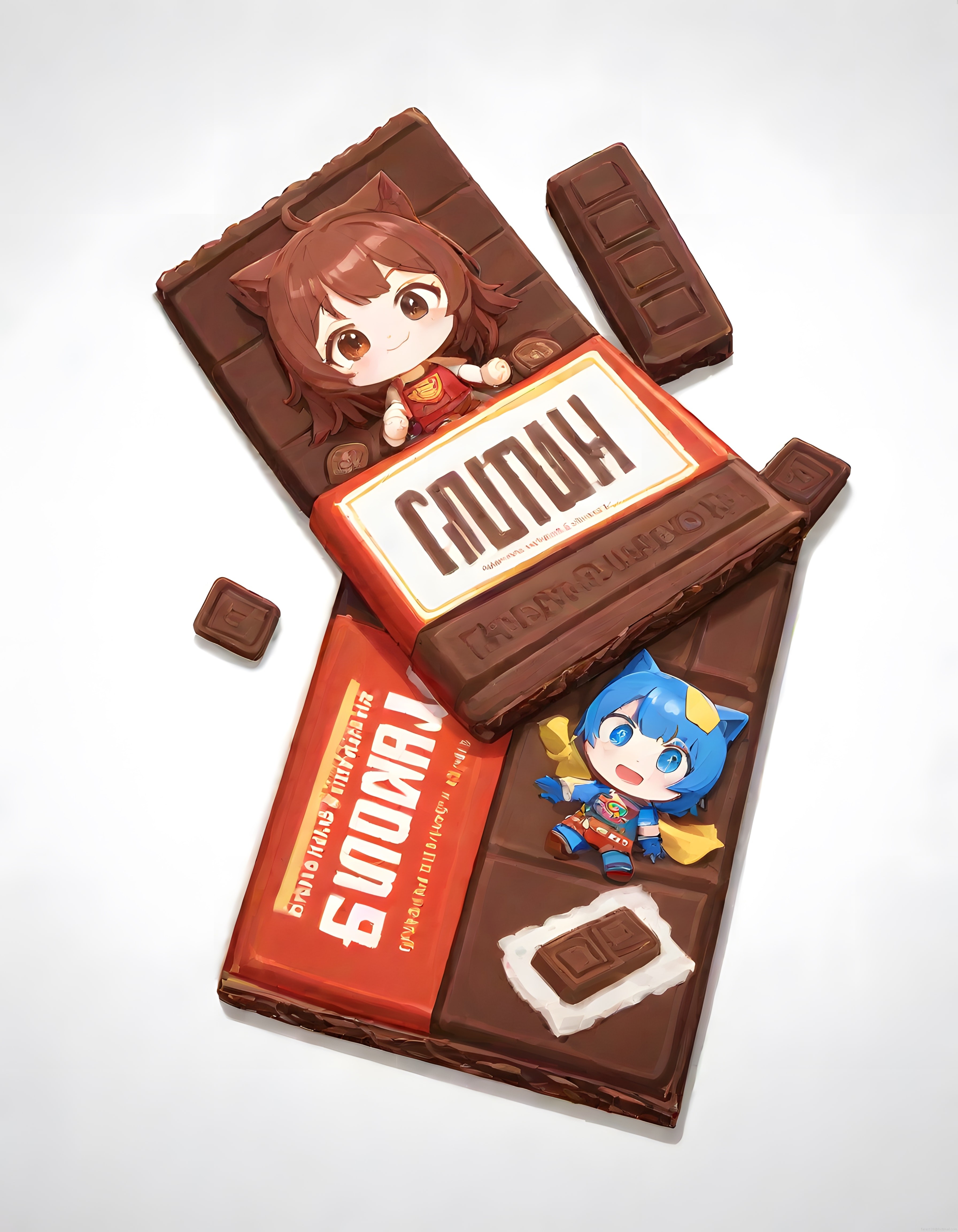 Çikolata bloklarının üzerinde oturan chibi anime karakterleri
