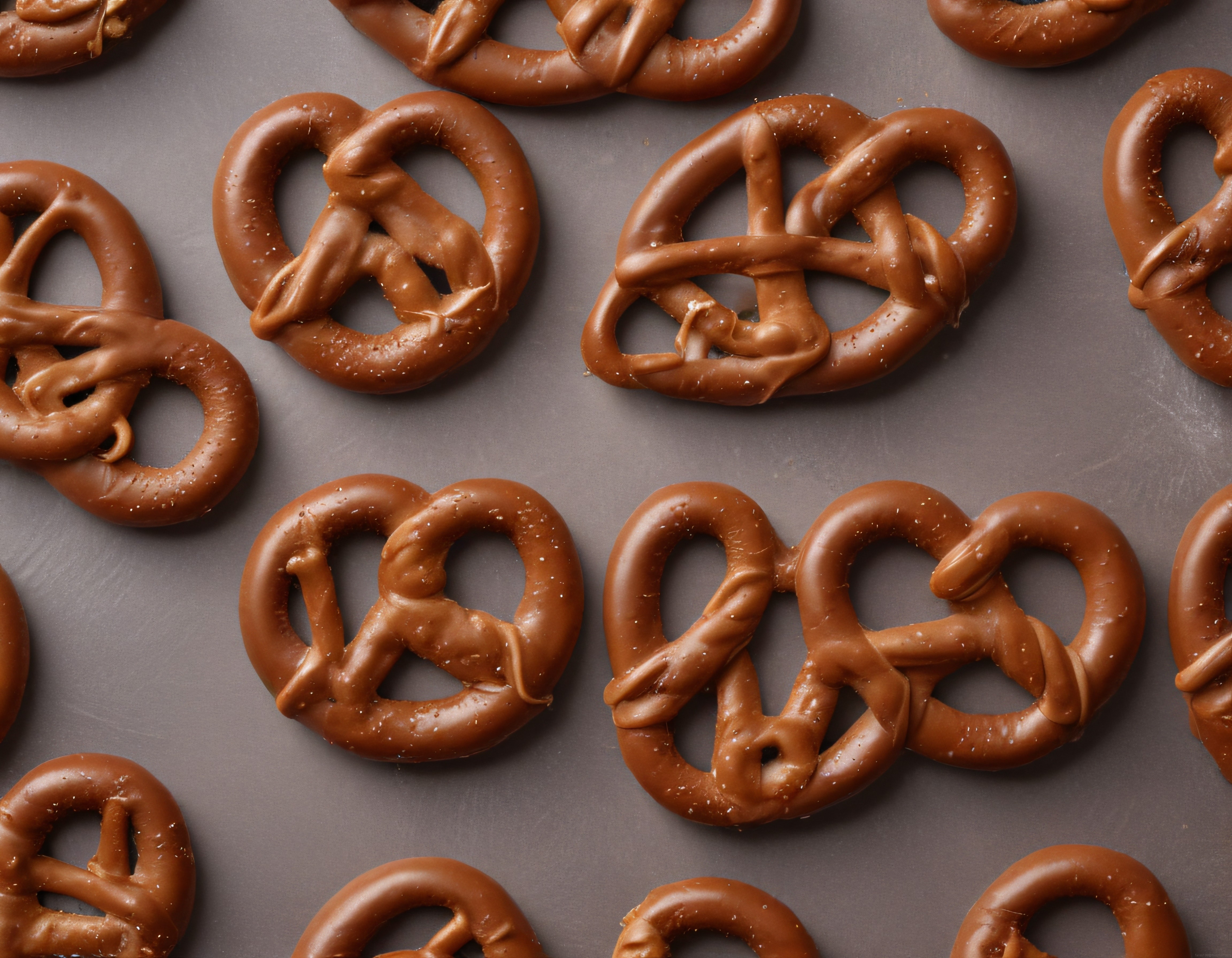 Çikolata kaplı çıtır pretzellerin gri arka plan üzerinde yakın çekim sunumu