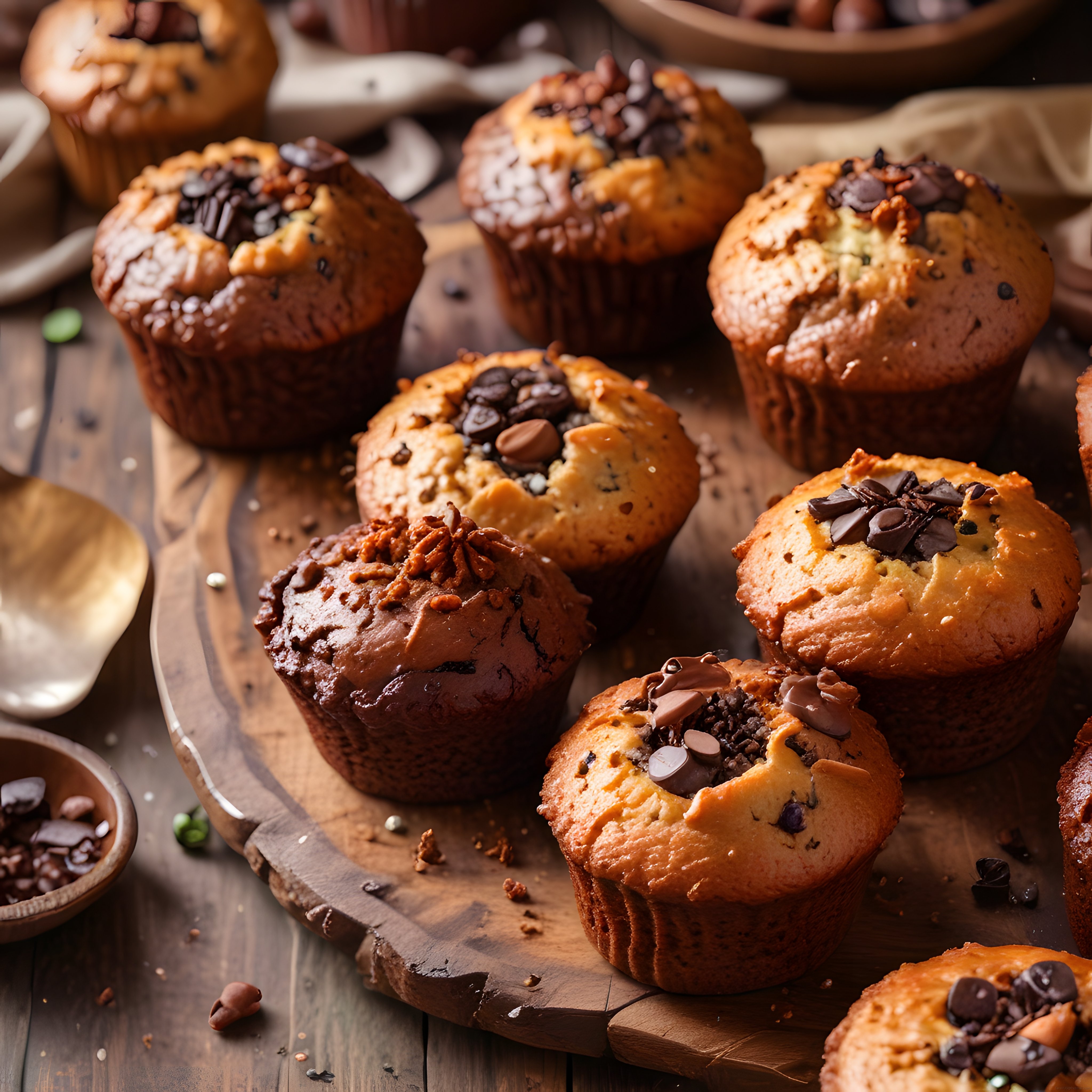 Çikolata Parçacıklı Ev Yapımı Muffinlerin Sıcak ve Rustik Mutfak Sunumu