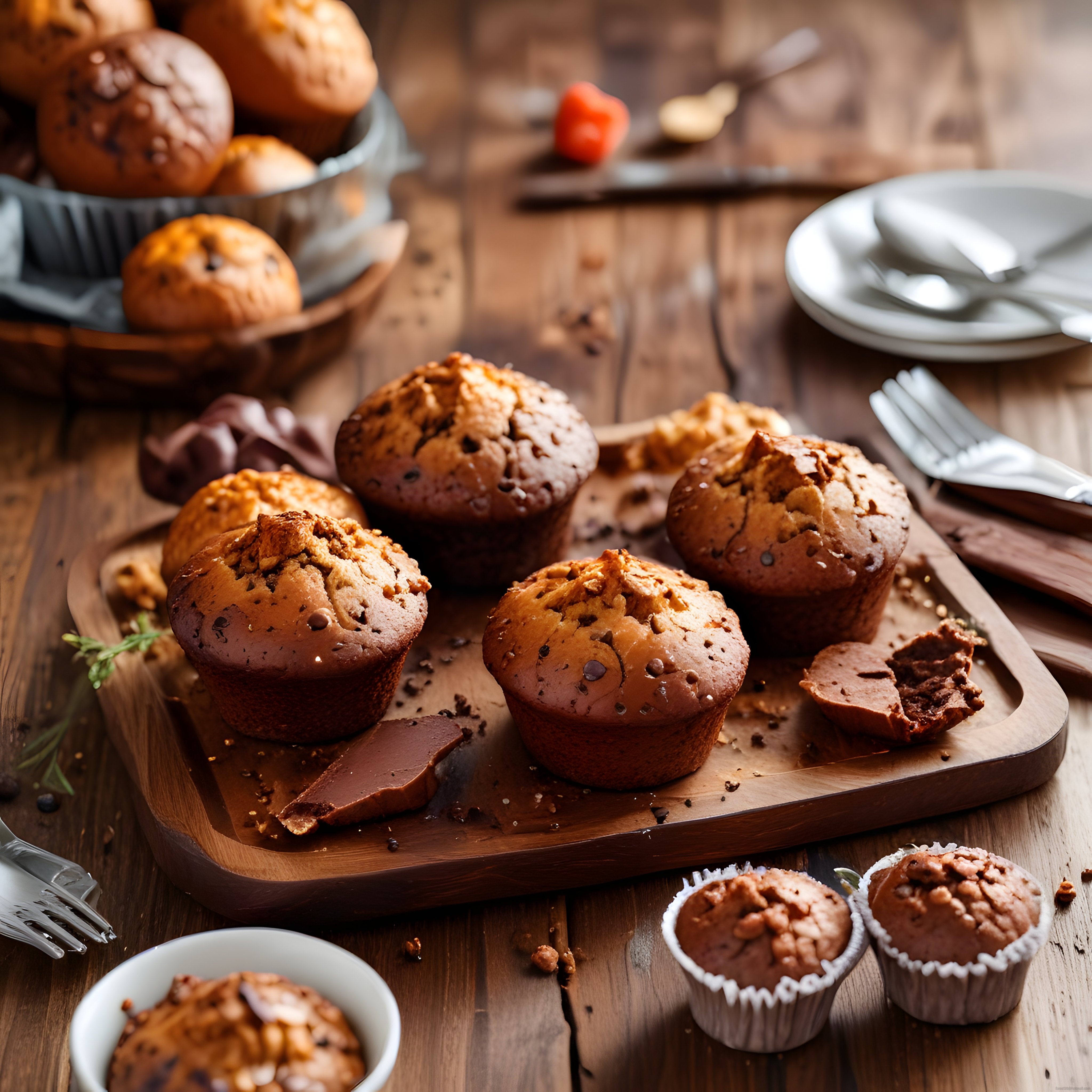 Çikolata parçacıklı muffin ve kek sunumu, rustik ahşap masa üzerinde