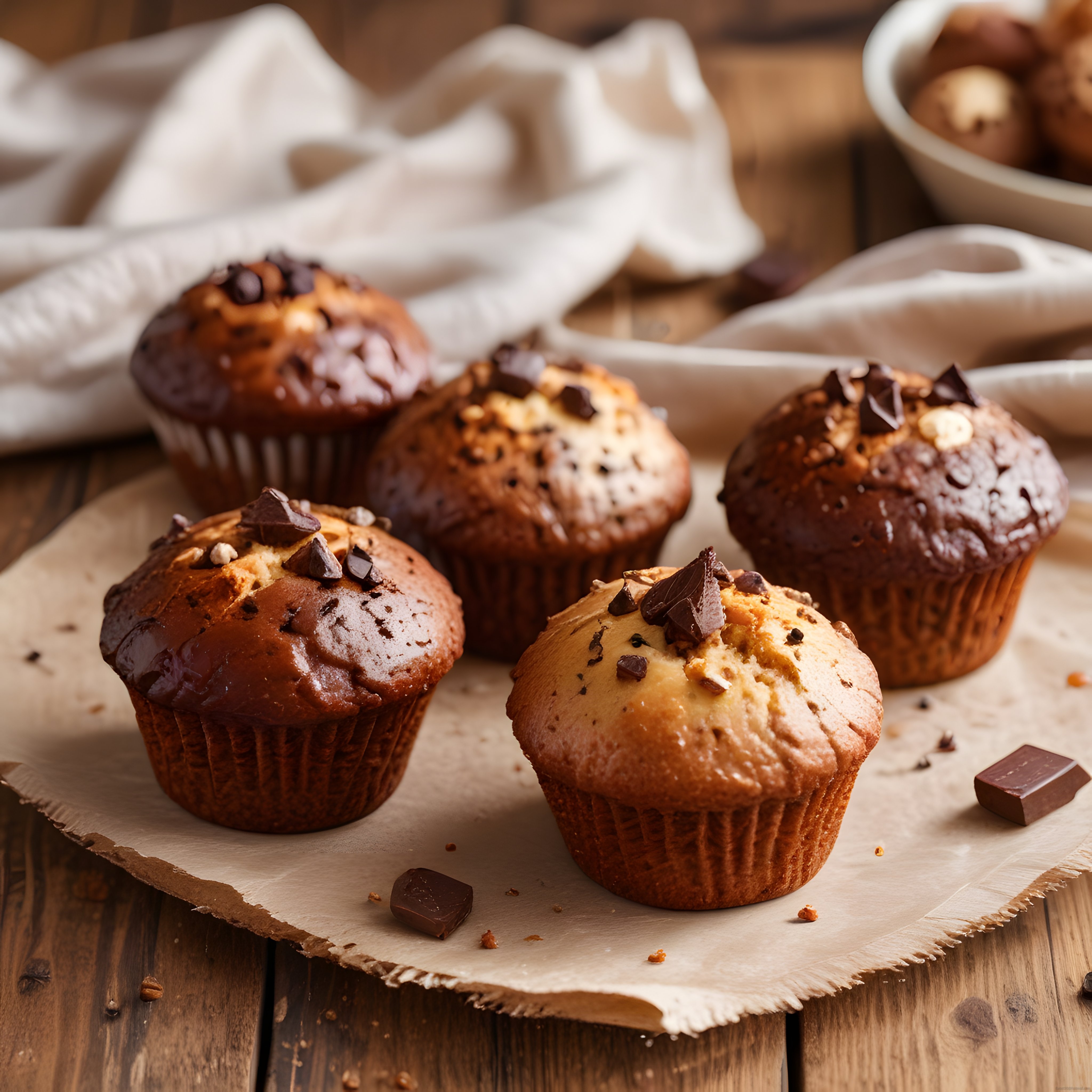Çikolata parçacıklı taze muffinler ve sıcak rustik mutfak atmosferi