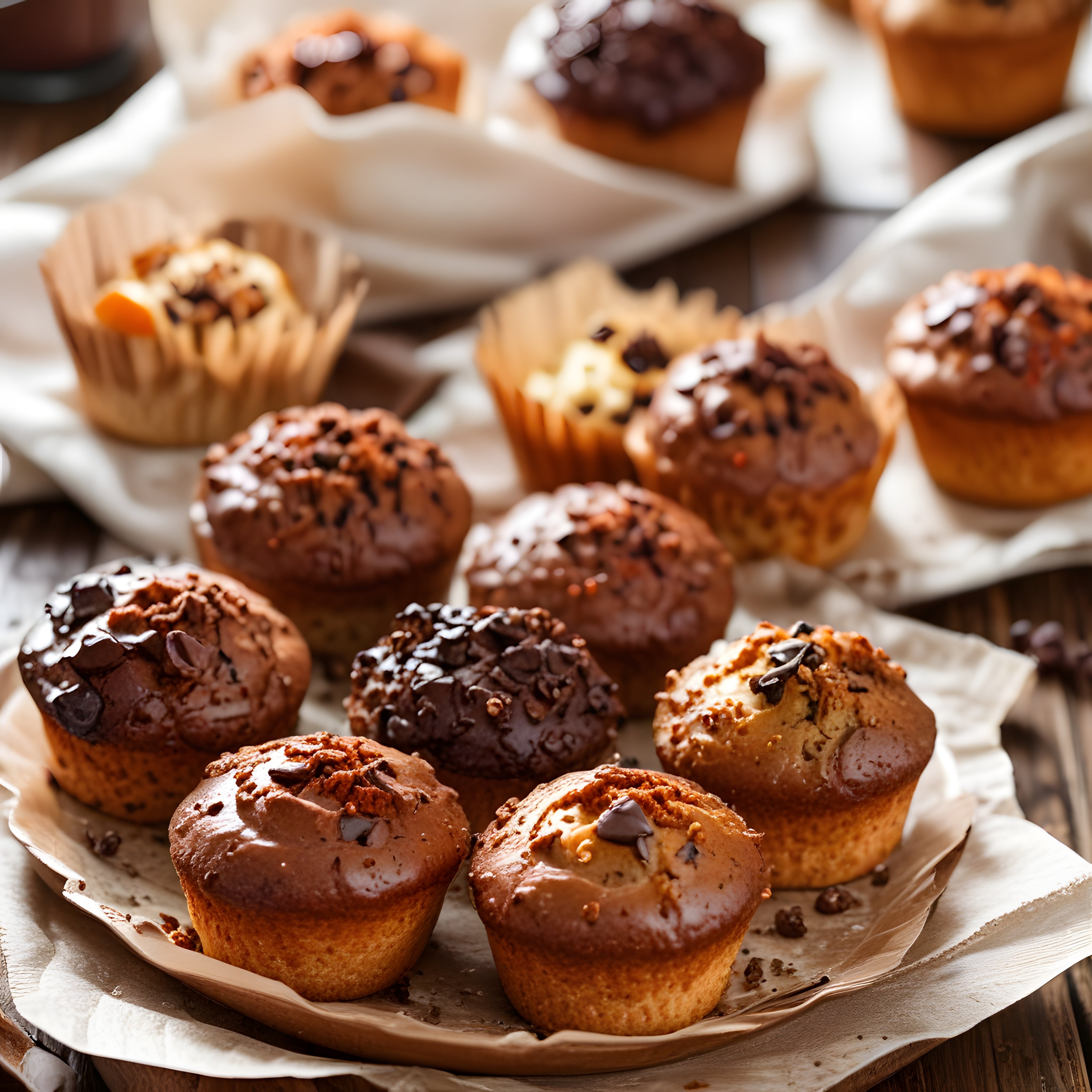 Çikolata Parçacıklı ve Eritilmiş Soslu Taze Muffinlerle Rustik Tatlı Sunum