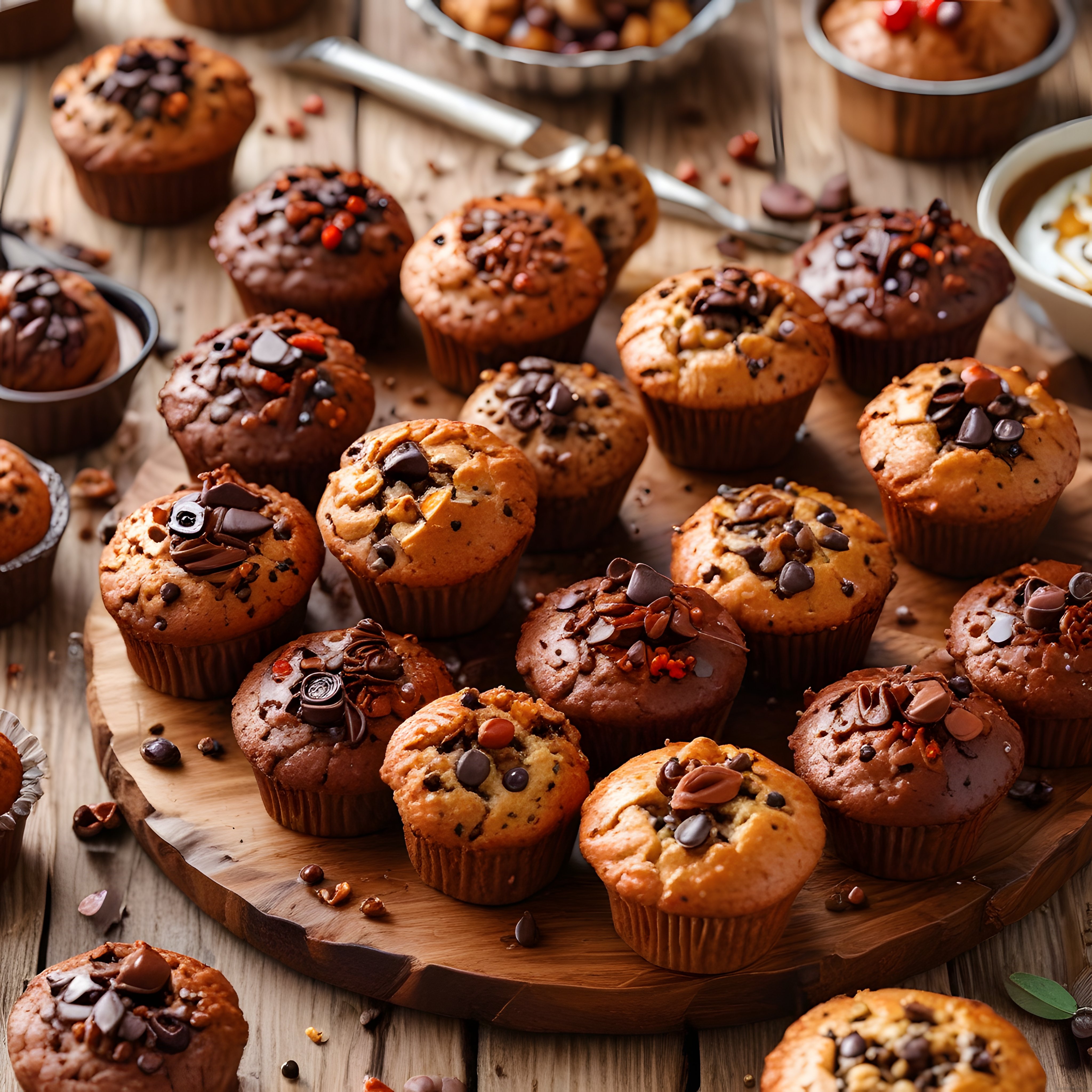 Çikolata Parçacıklı ve Fındıklı Taze Muffinlerle Dolu Sıcak Bir Sunum Tahtası