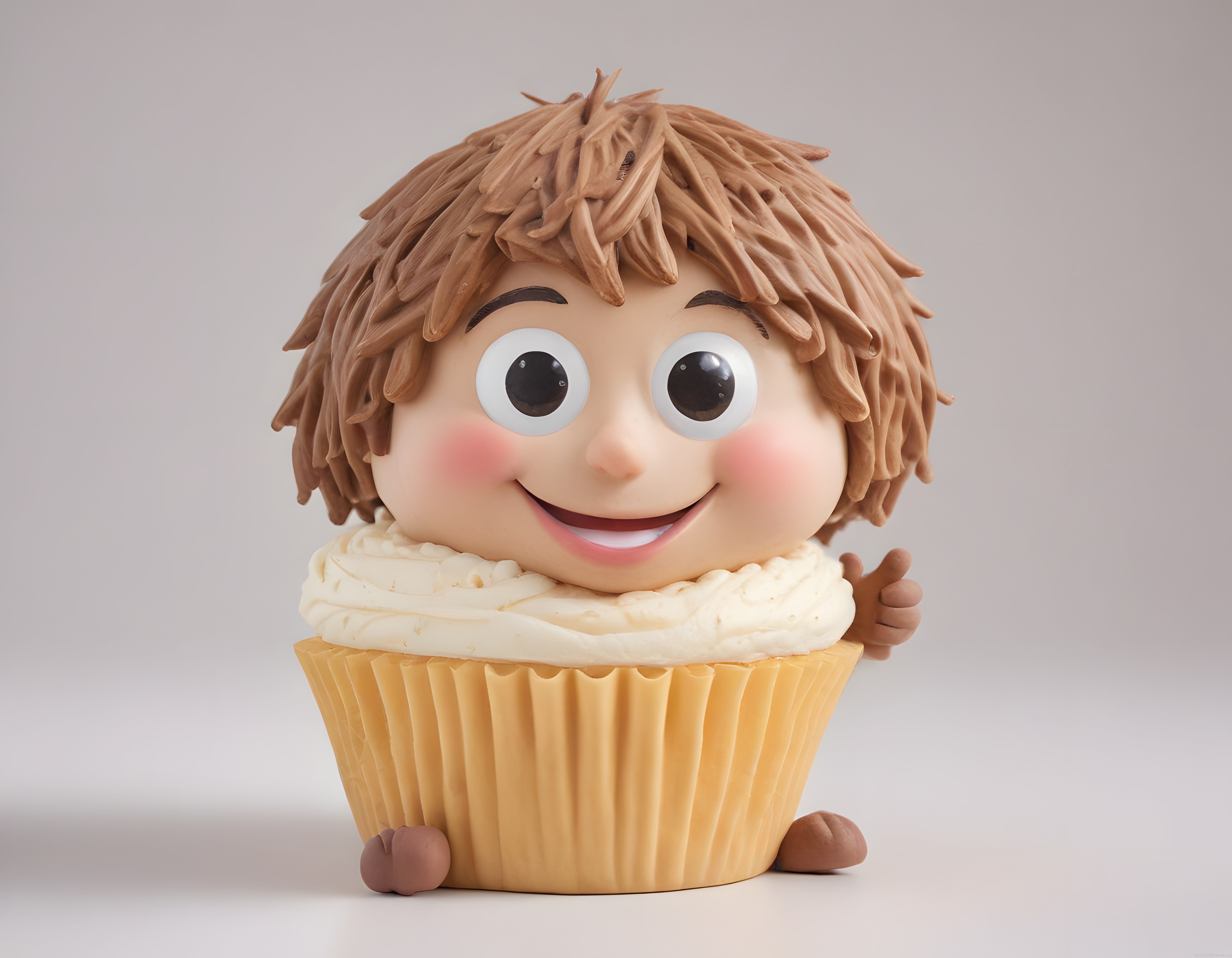 Çikolata saçlı cupcake kostümlü sevimli çocuk karakteri krema detaylı