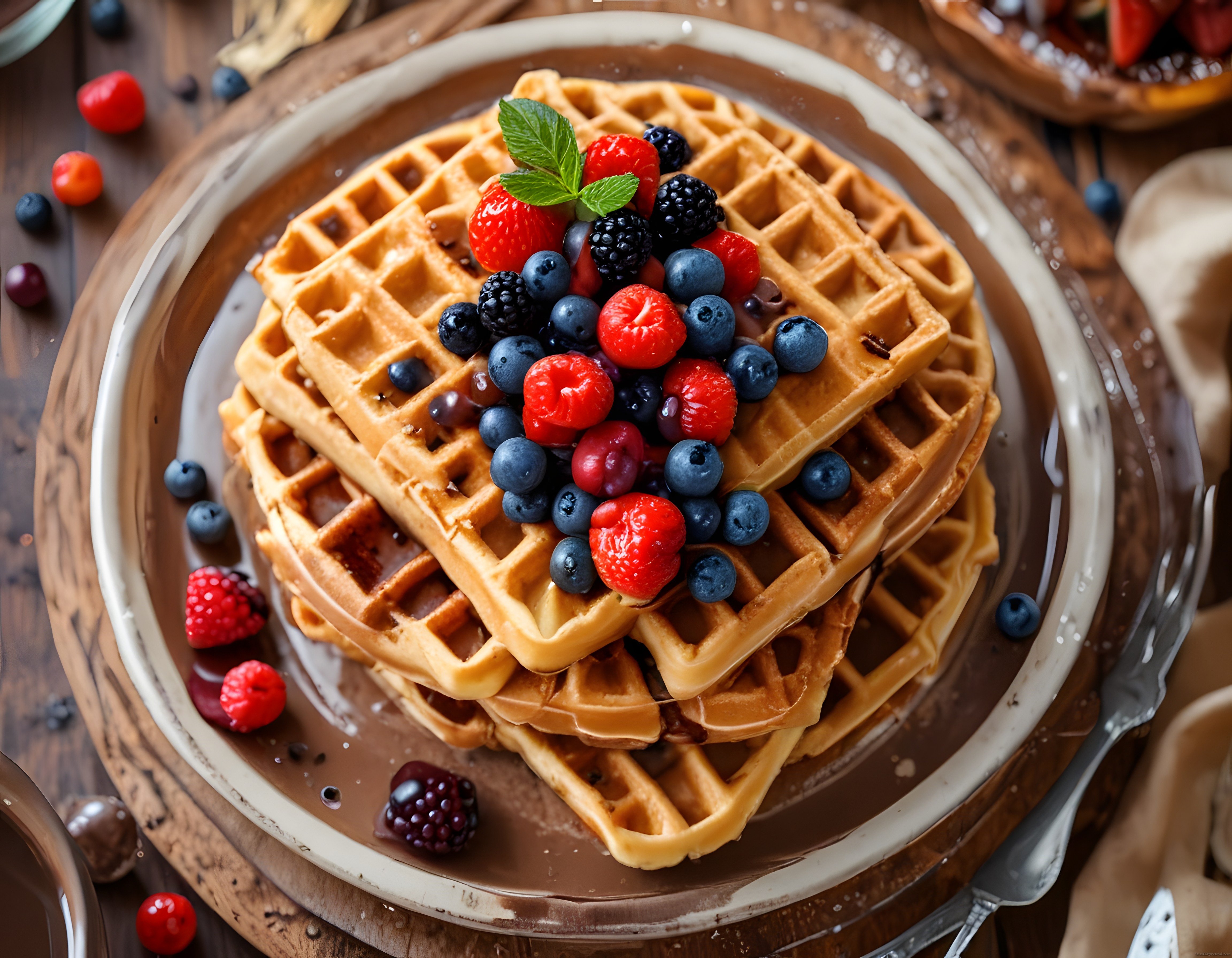 Çikolata Sos ve Taze Orman Meyveleri ile Süslenmiş Altın Rengi Waffle Kulesi