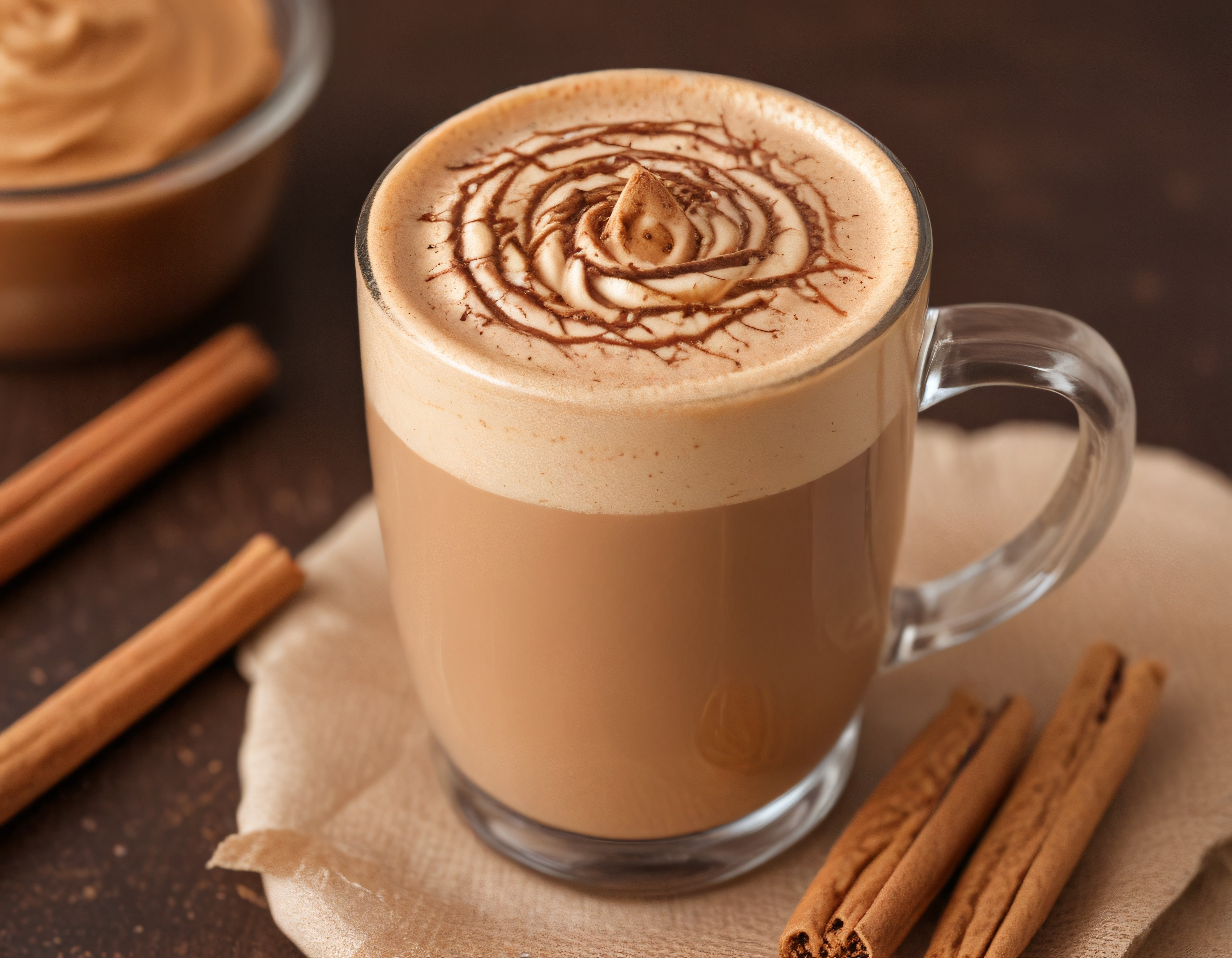 Çikolata Soslu Köpüklü Latte ve Tarçın Çubuklarıyla Sıcak İçecek Sunumu