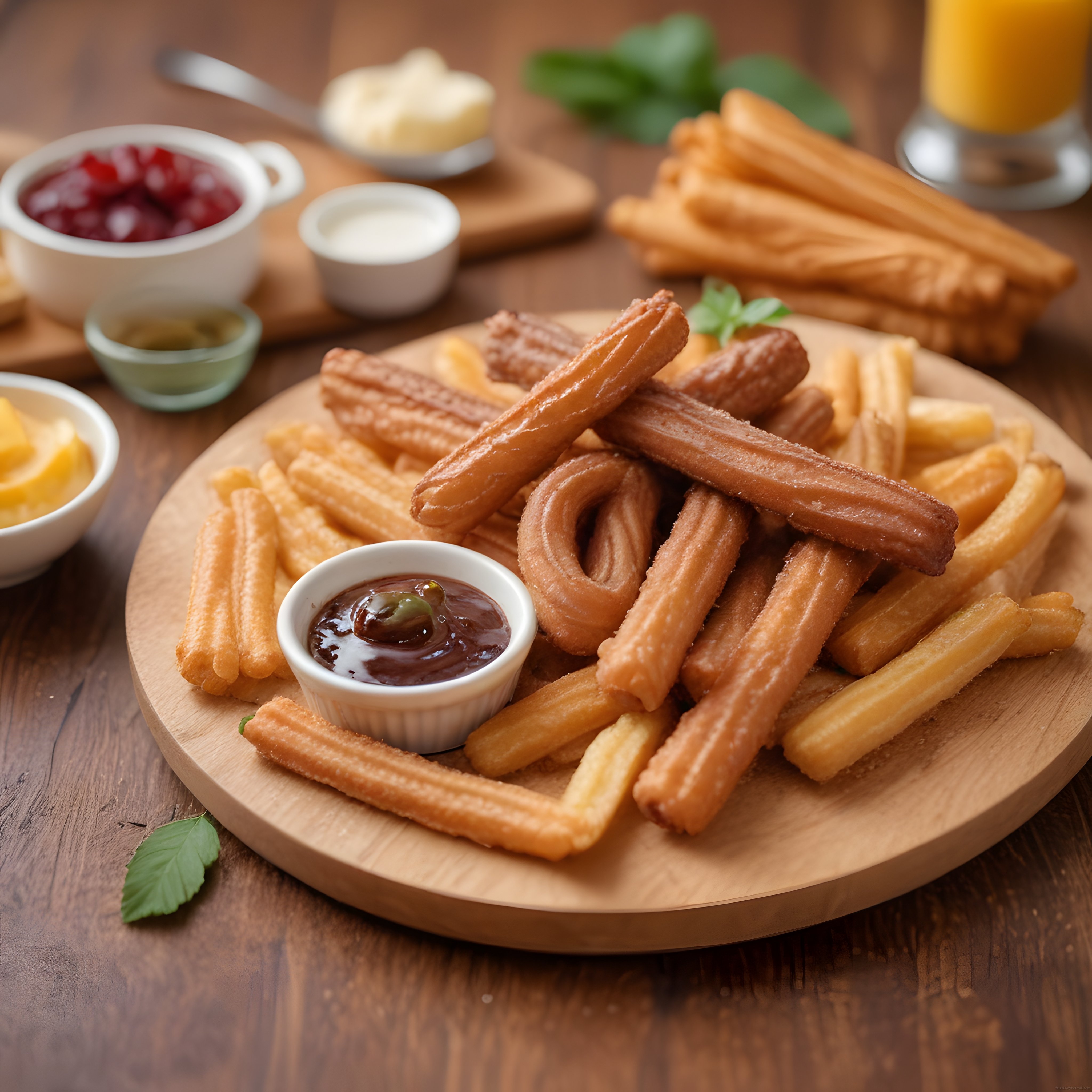Çikolata Soslu ve Çeşitli Dip Soslarla Sunulan Çıtır Churros Tabağı