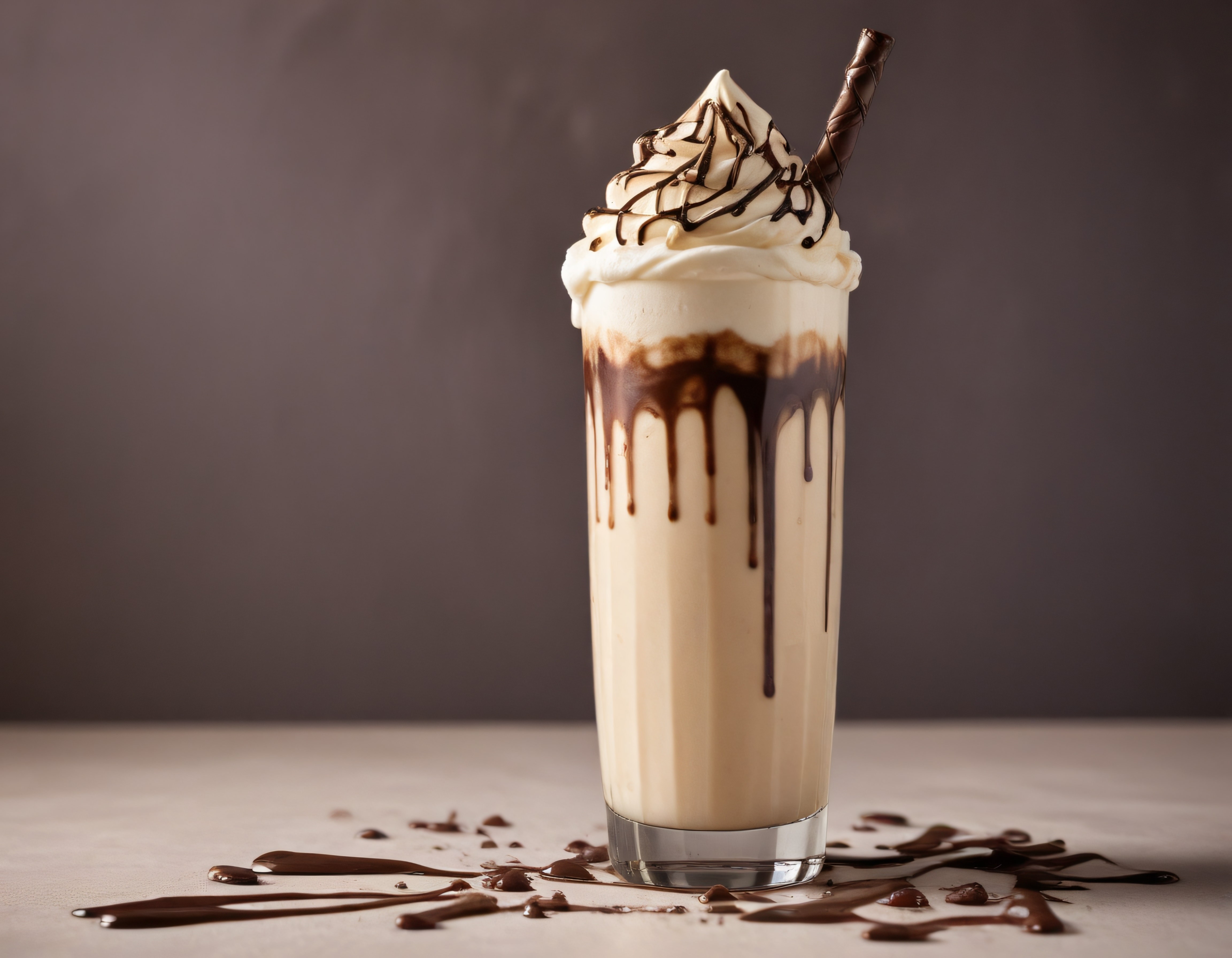 Çikolata Sosu Süzülen Kremalı Milkshake ve Çikolata Çubuğu ile İçecek
