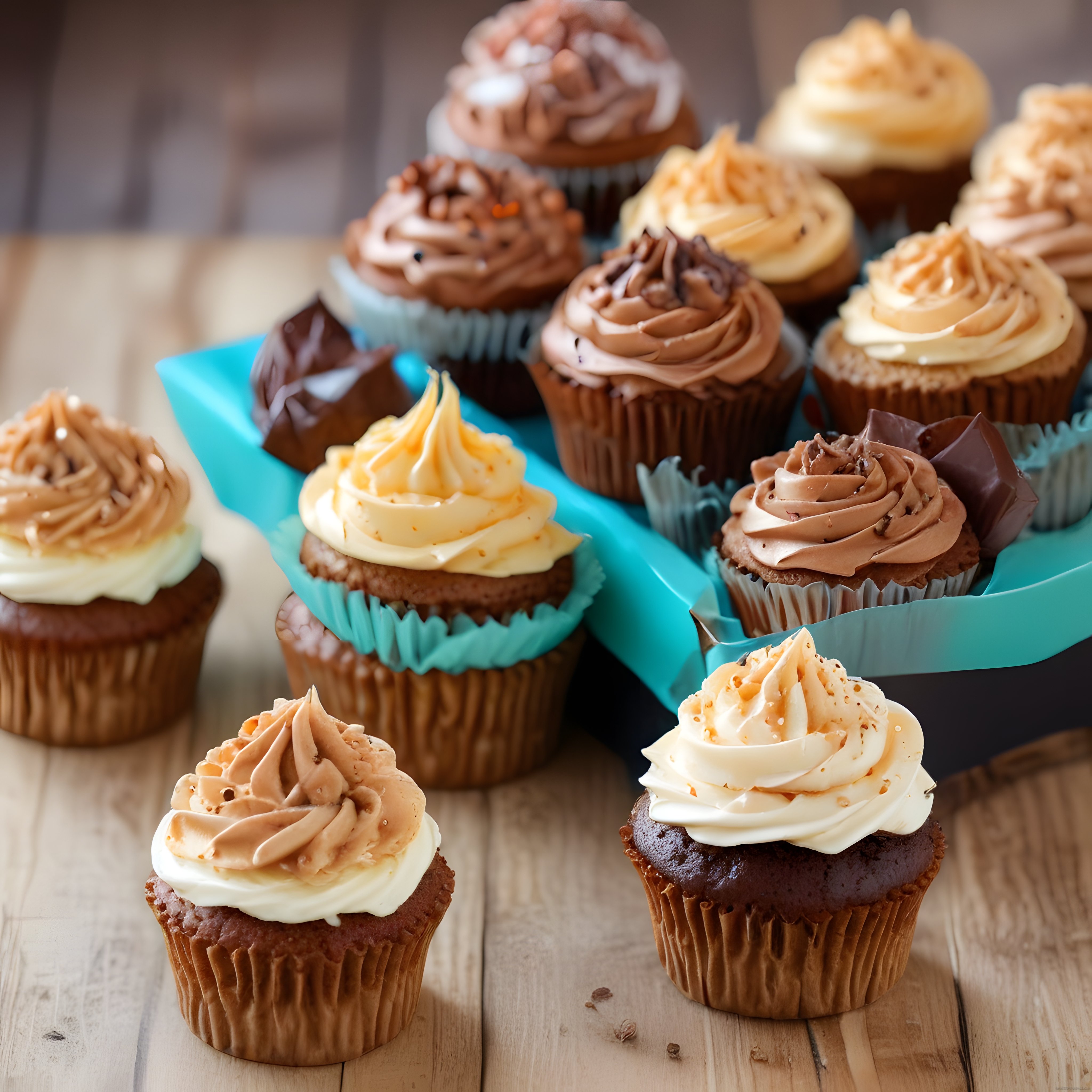 Çikolata ve Karamel Kremalı Cupcake'lerin Ahşap Masa Üzerindeki Leziz Sunumu
