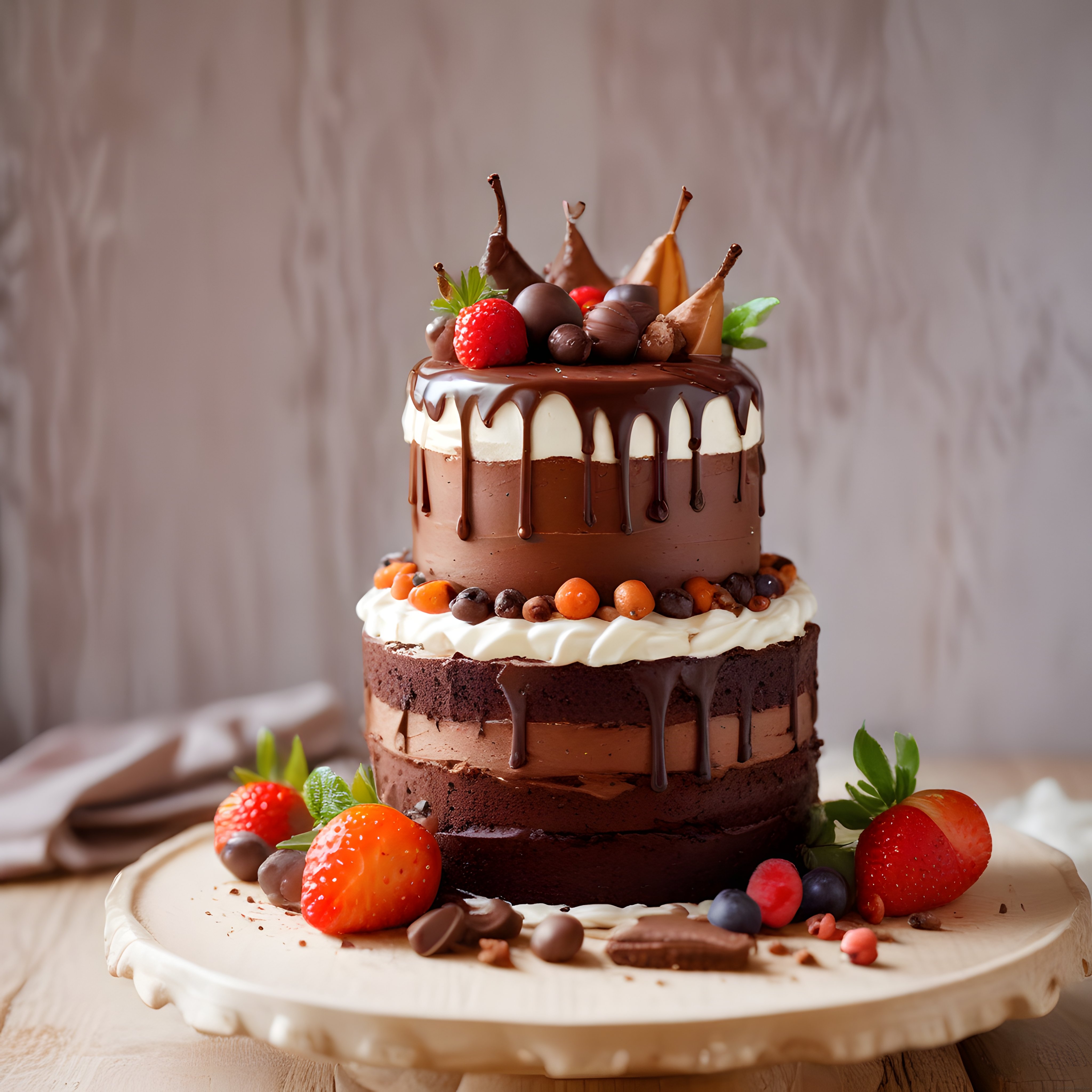 Çikolatalı Çilekli İki Katlı Pasta: Drip Soslu Naked Cake Sunumu