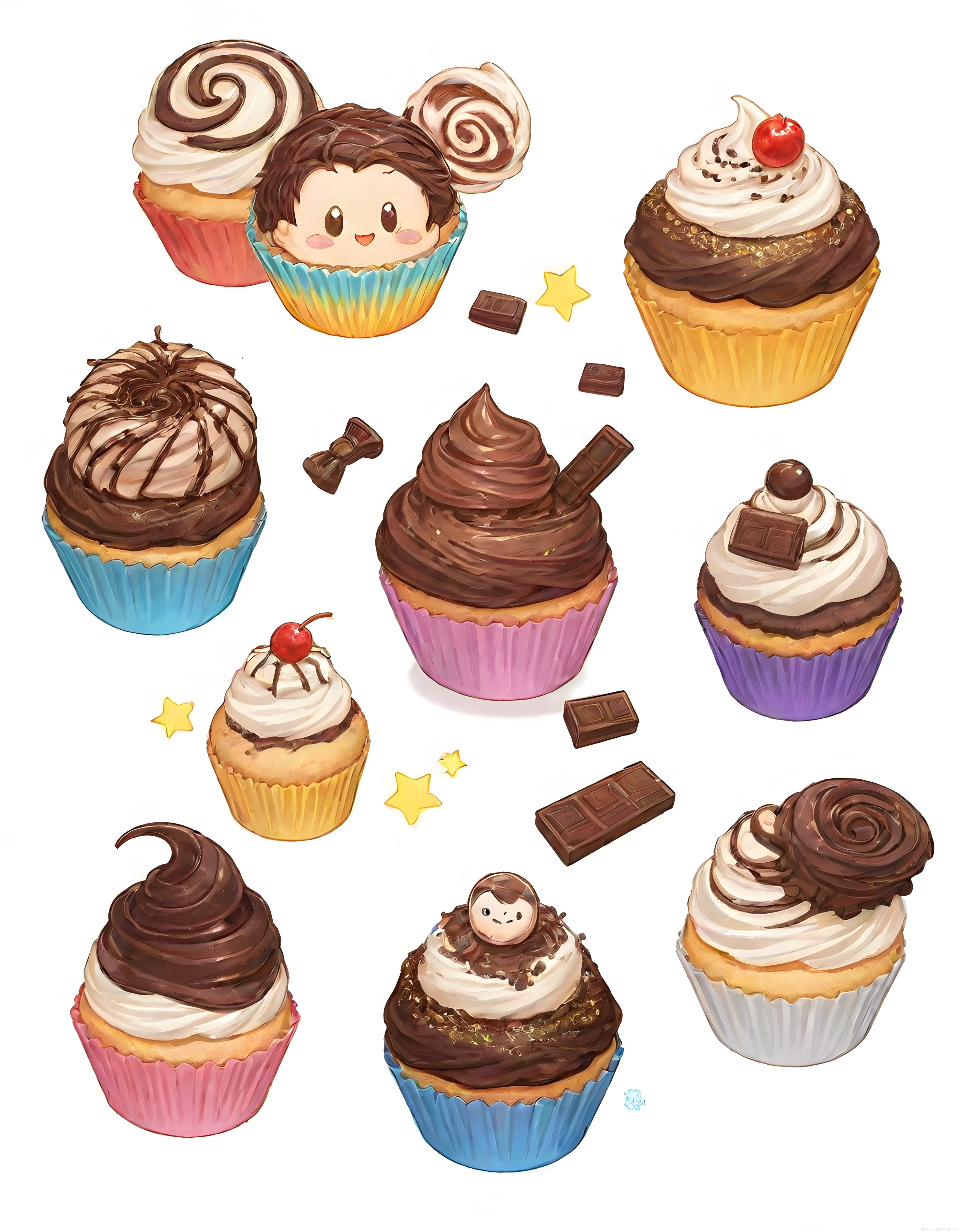 Çikolatalı cupcakeler, krema süslemeleri ve sevimli figürler illüstrasyonu