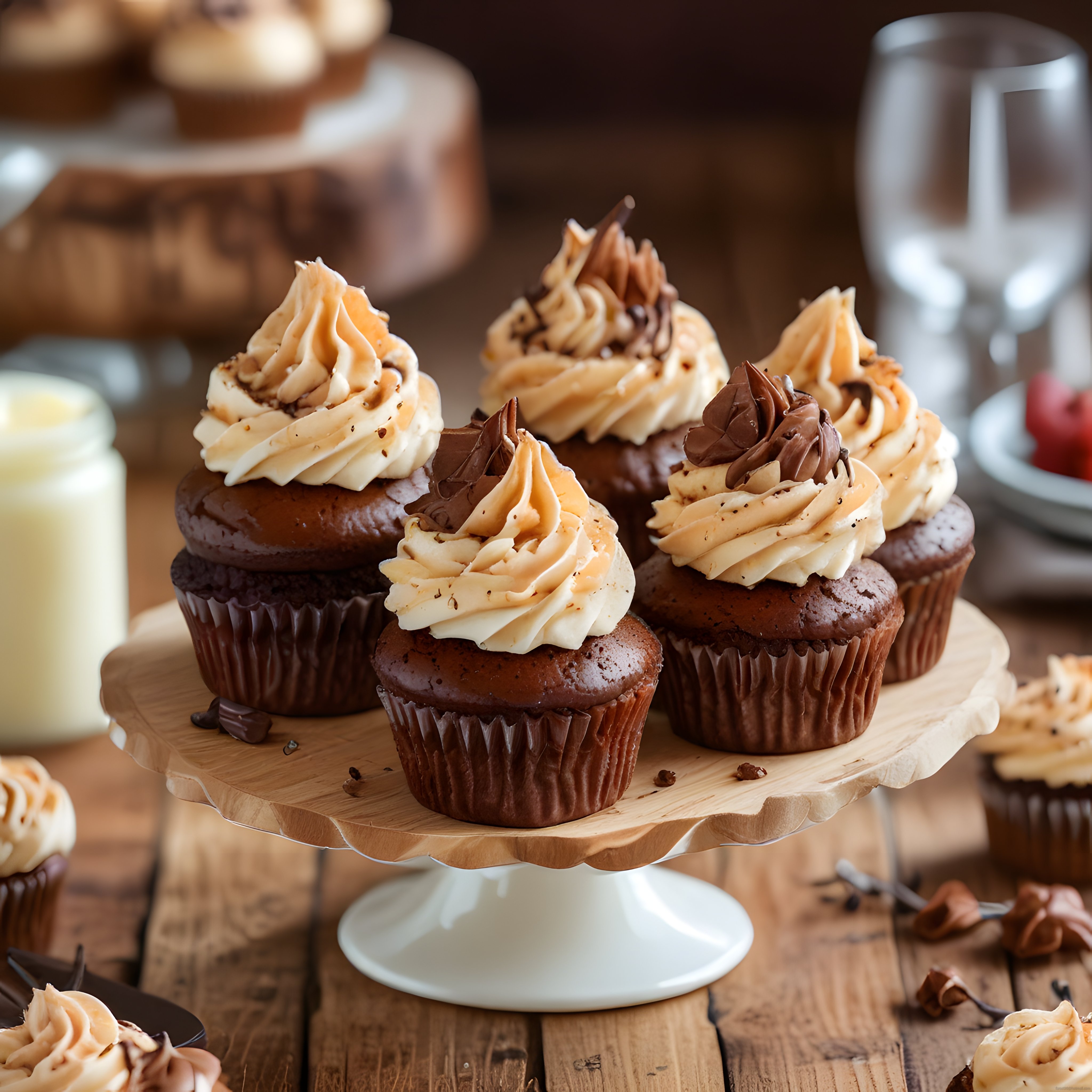 Çikolatalı Cupcakeler ve Karamel Krema Süslemeli Nefis Tatlı Sunumu